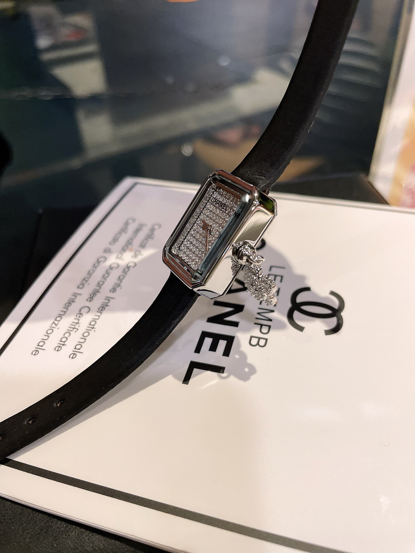 Chanel Premiere Mini yellow gold case, diamond-paved dial, black leather strap 19.7mm Women's Quartz