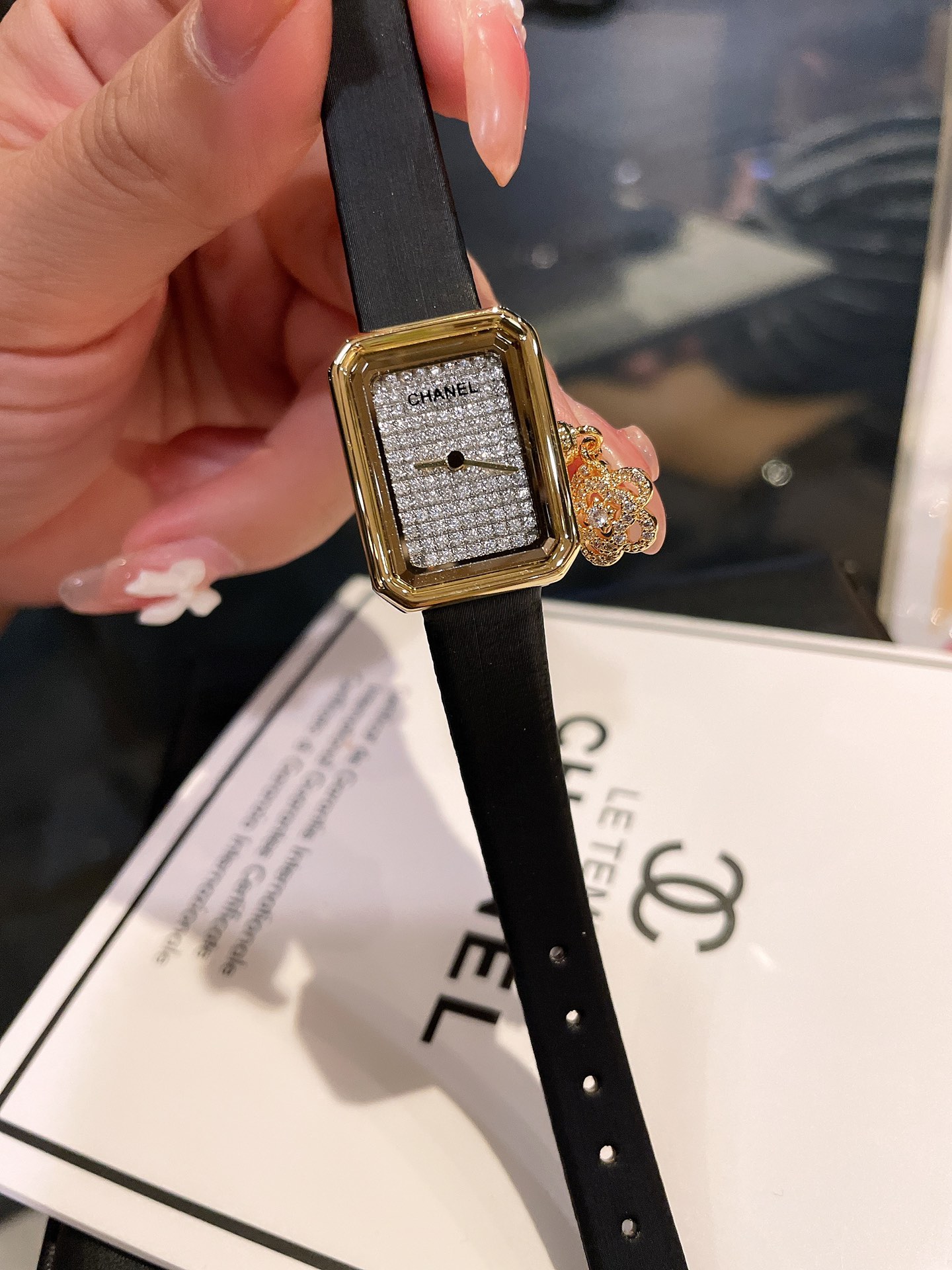 Chanel Premiere Mini yellow gold case, diamond-paved dial, black leather strap 19.7mm Women's Quartz