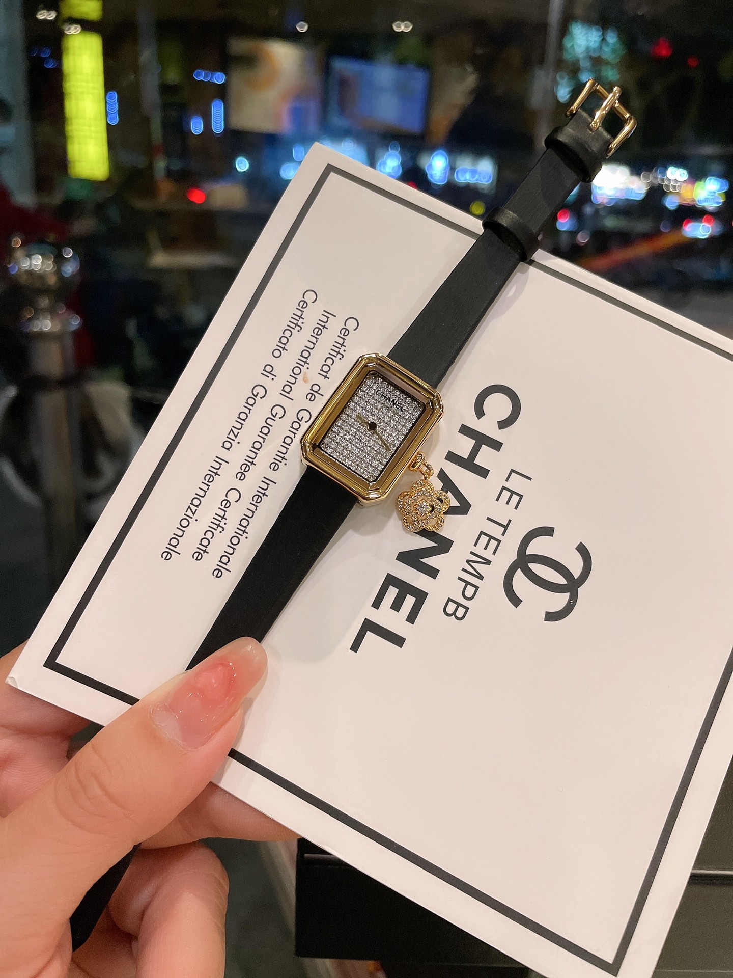 Chanel Premiere Mini yellow gold case, diamond-paved dial, black leather strap 19.7mm Women's Quartz