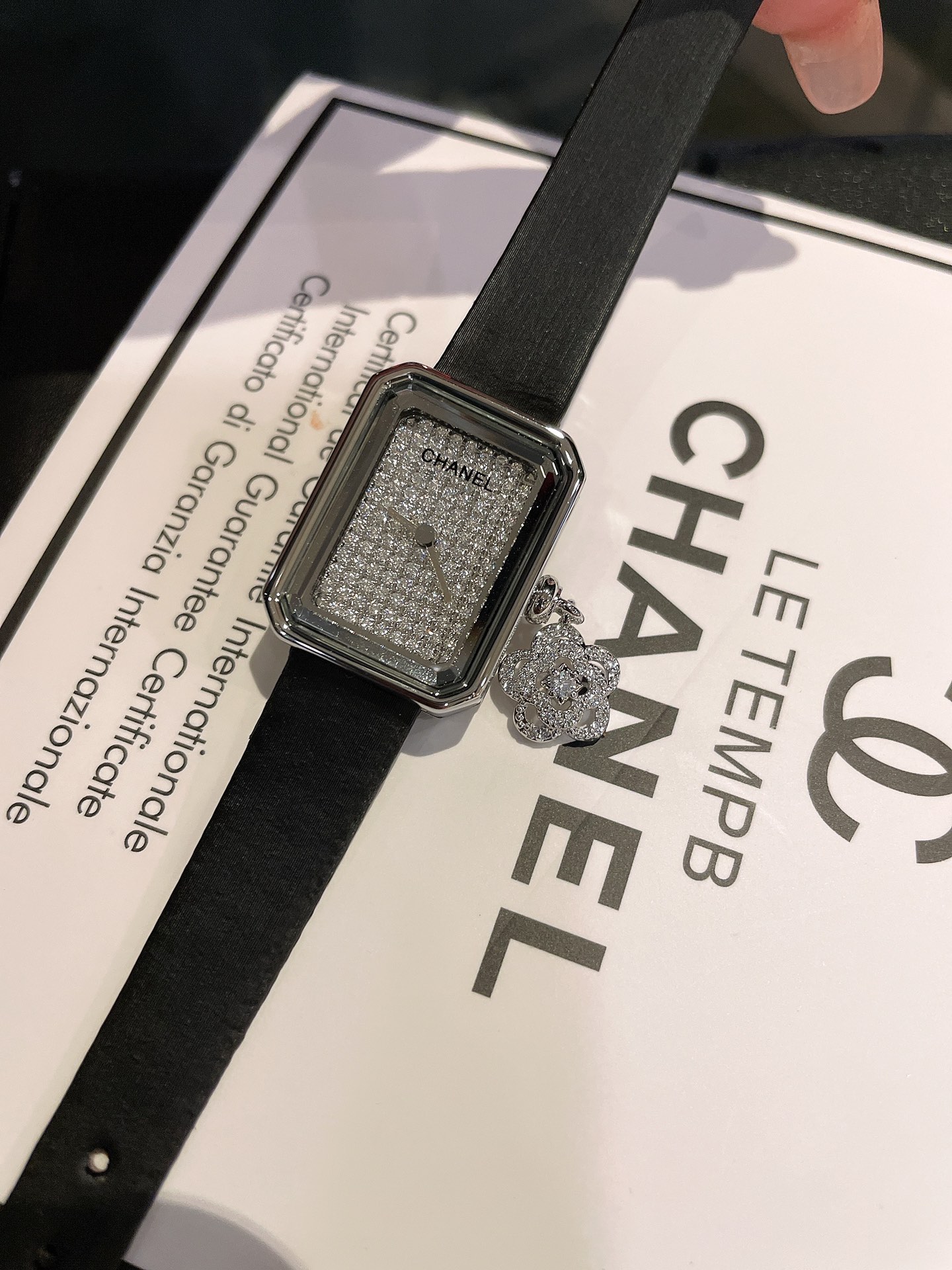 Chanel Premiere Mini yellow gold case, diamond-paved dial, black leather strap 19.7mm Women's Quartz