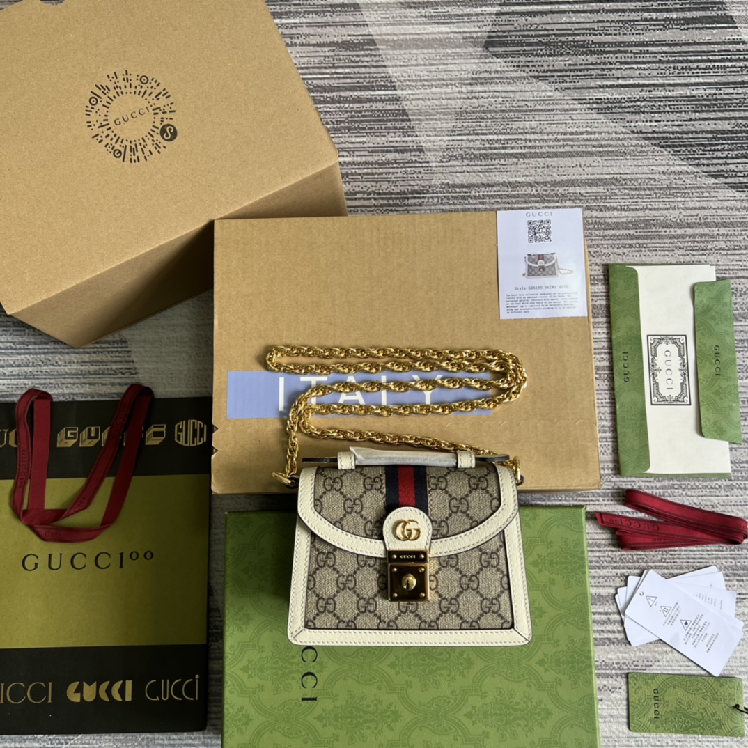 GUCCI Ophidia collectie mini schoudertas GG Supreme canvas hoogdichtheid geweven band vintage bronskleurig metaalwerk - topkwaliteit