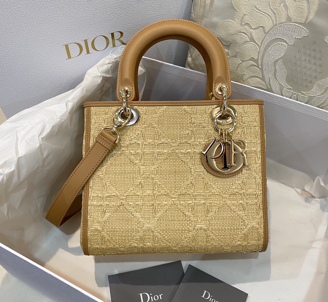 DIOR Lady Dior Raffia Cannage Woven Handbag