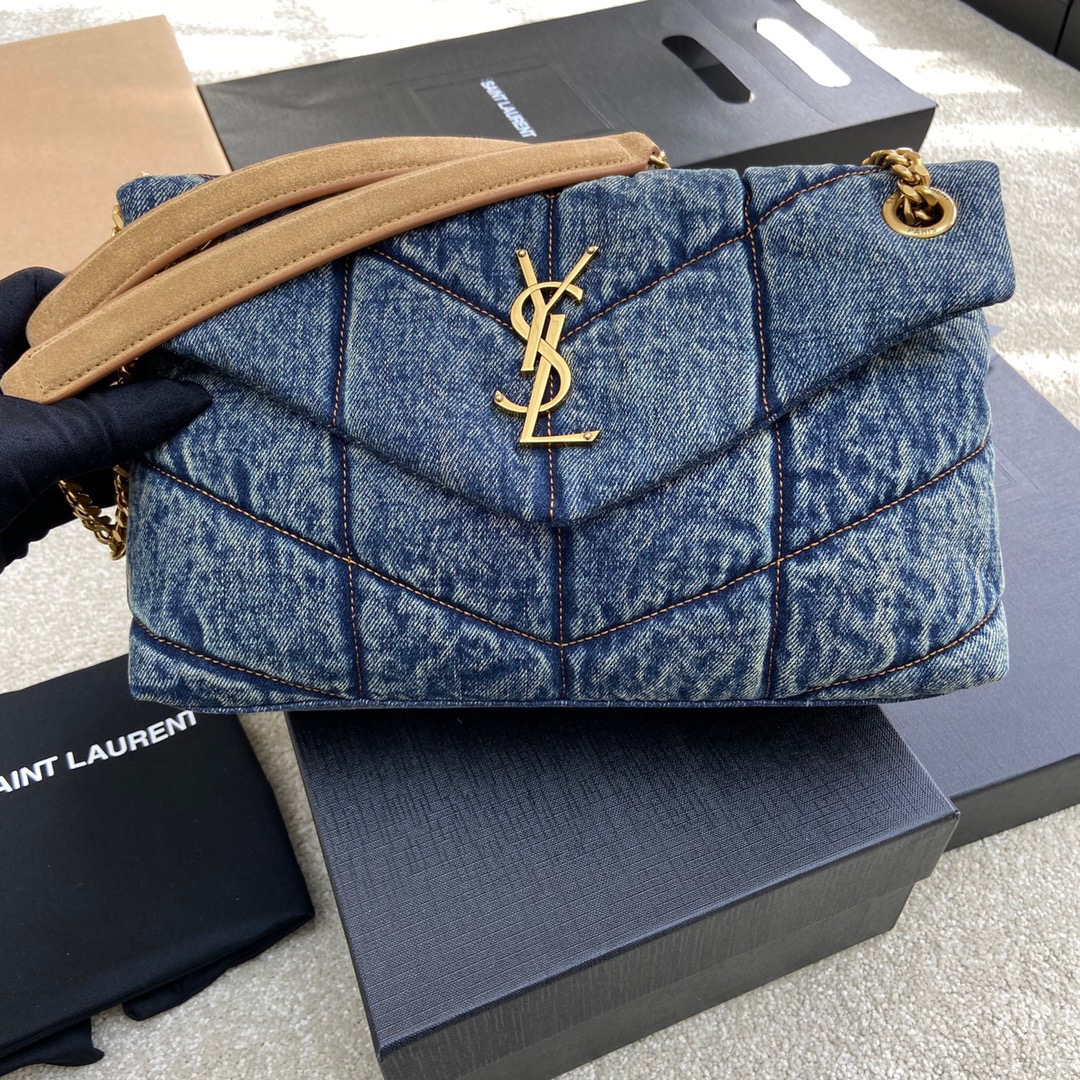 Saint Laurent 牛仔布搭配土黄磨砂肩带