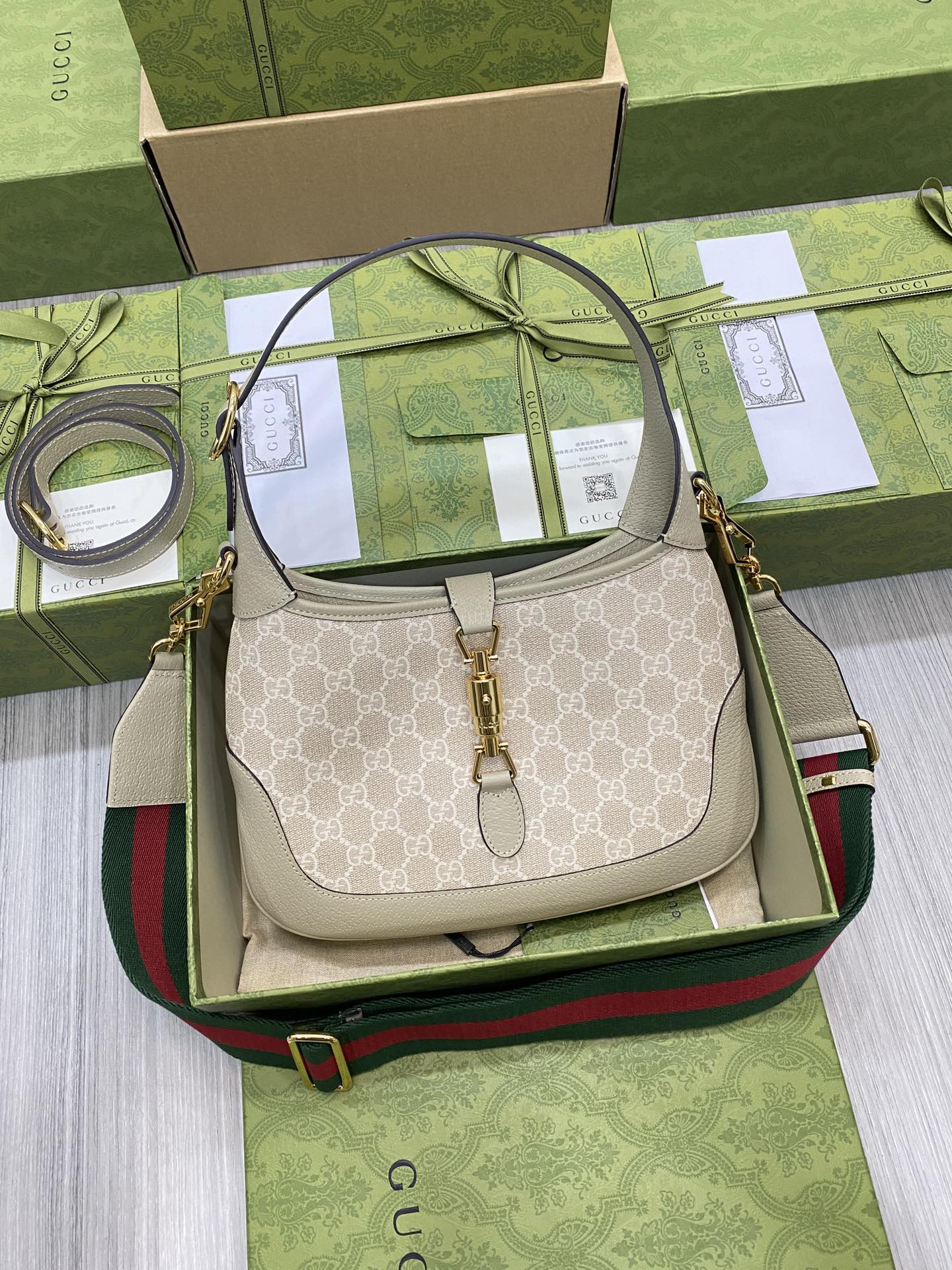 GUCCI Jackie 1961 аўсяны колер арыгінальная скура класічны ўзор GG дэталі з тканай стужкай сумка на плячо ручная сумка