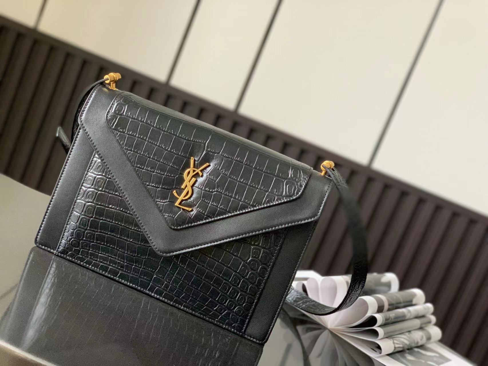 Black crocodile-embossed sheepskin square quilted magnetic snap shoulder bag