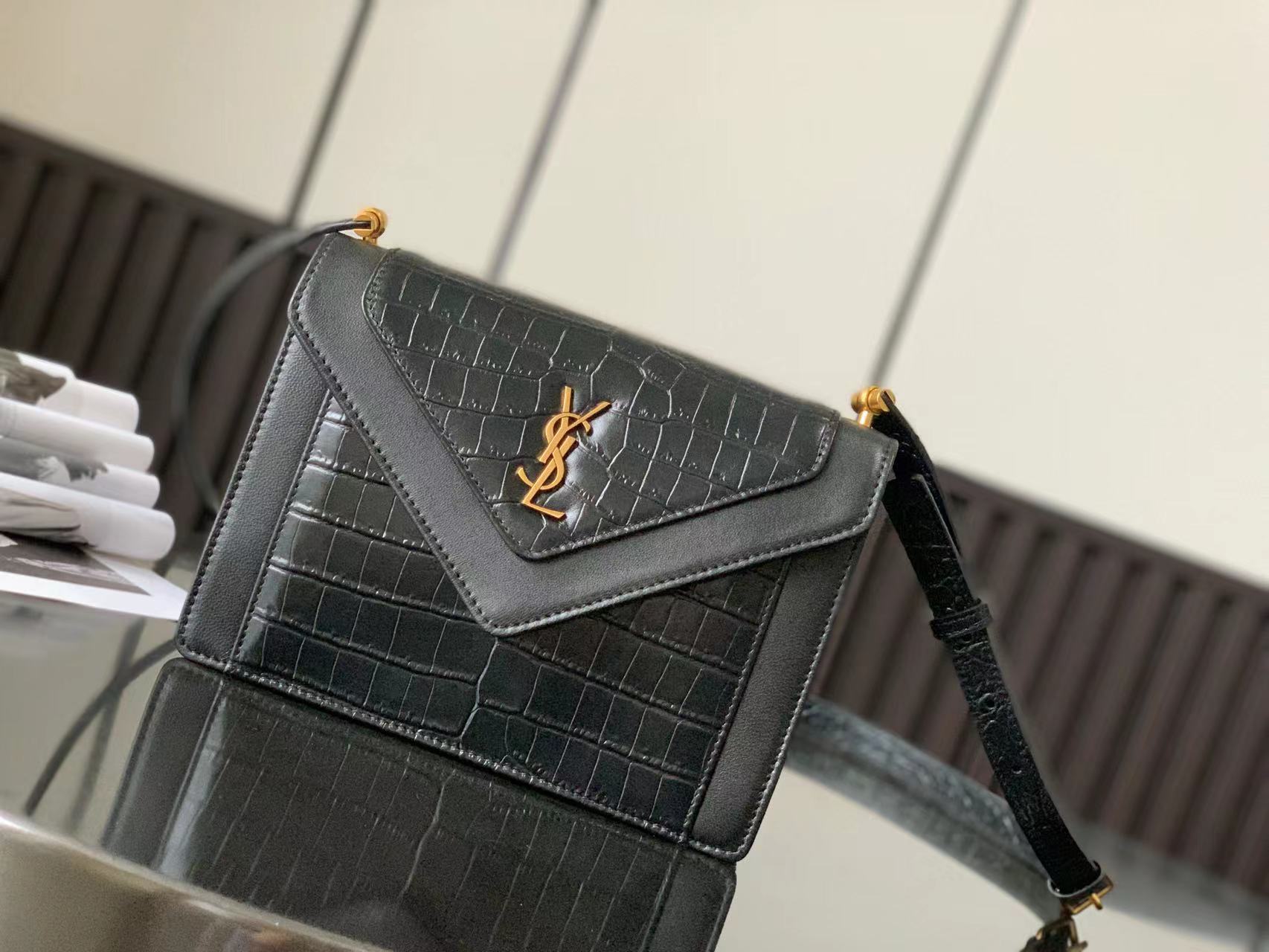 GABY mini envelope bag Italian lambskin crocodile embossed flap detachable shoulder strap