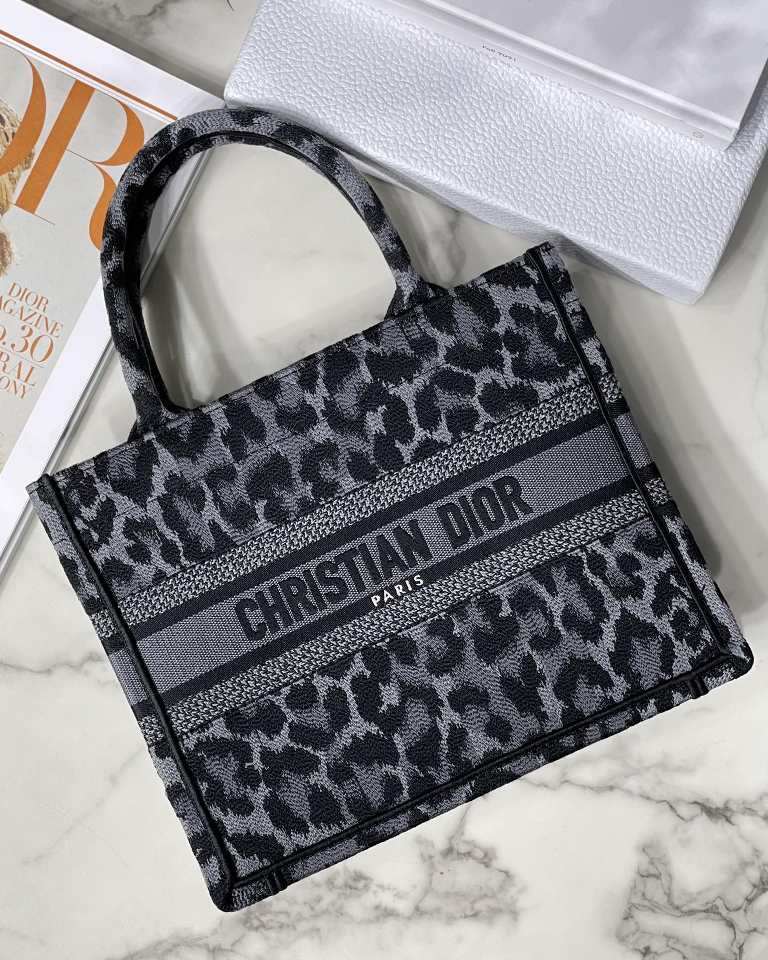 Dior Book Tote Gray Leopard Print Embroidered Handbag