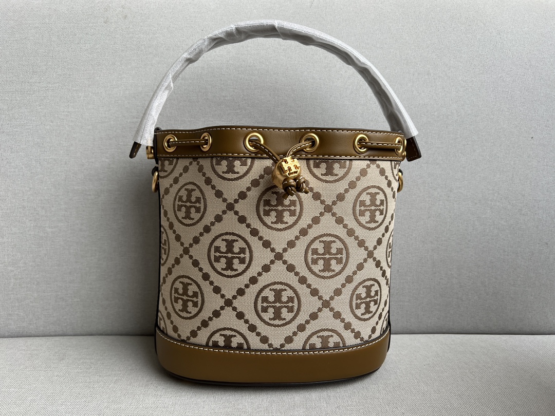 Tory Burch TB新款T MONOGRAM提花中号水桶包 logo图案 非常漂亮 袋口抽绳设计