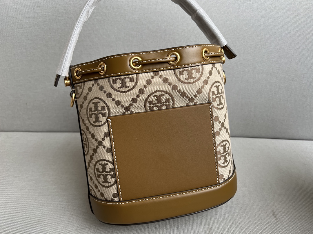 Tory Burch TB新款T MONOGRAM提花中号水桶包 logo图案 非常漂亮 袋口抽绳设计