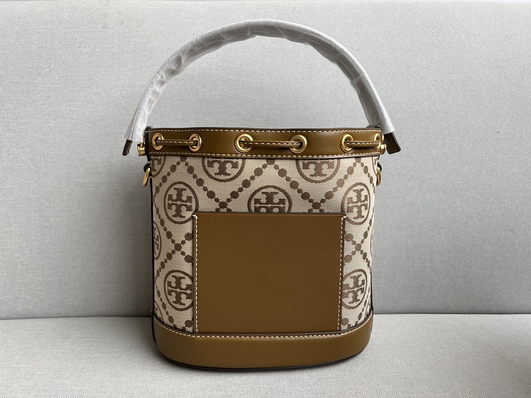 Tory Burch TB新款T MONOGRAM提花中号水桶包 logo图案 非常漂亮 袋口抽绳设计