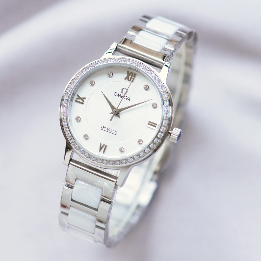 J5  白皮 钢陶20OMEGA 欧米茄 Omega —时尚女士石英腕表，女神范十足的一款手表，超强时尚设计理念，进口石英机芯，顶级镀膜玻璃镜面，多颜色进口小牛皮搭配原装针扣，尺寸32mm， 实物拍摄 品质如一