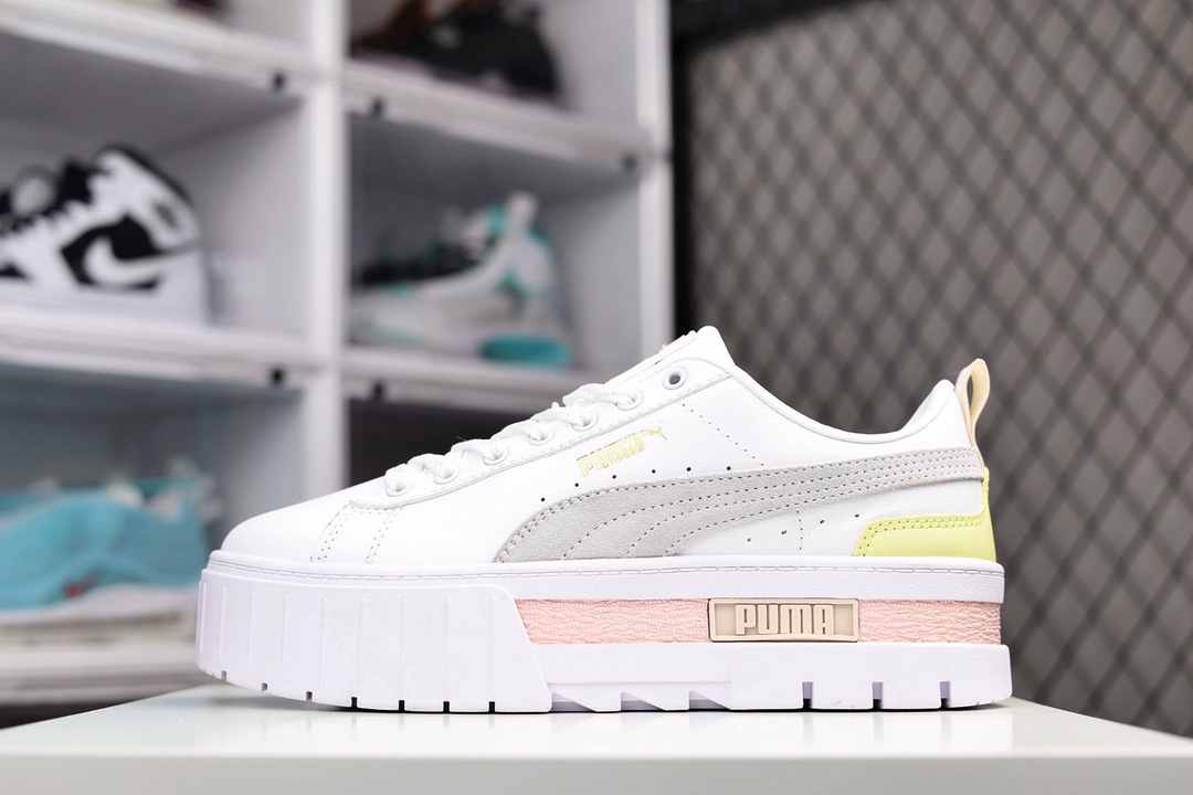 G0 运动品牌彪马Puma Wmns Mayze Leather”White/Grey/Yellow/Pink”梅斯松糕厚底百搭休闲运动皮革板鞋 采用软质荔枝牛剖层皮革材质 5.0cm厘米外增厚高效果橡胶大底993YBL
