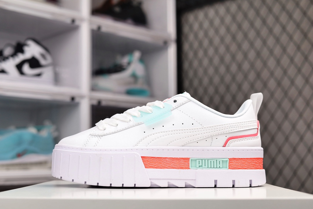 G0 运动品牌彪马Puma Wmns Mayze Leather”White/Grey/Yellow/Pink”梅斯松糕厚底百搭休闲运动皮革板鞋 采用软质荔枝牛剖层皮革材质 5.0cm厘米外增厚高效果橡胶大底993YBL