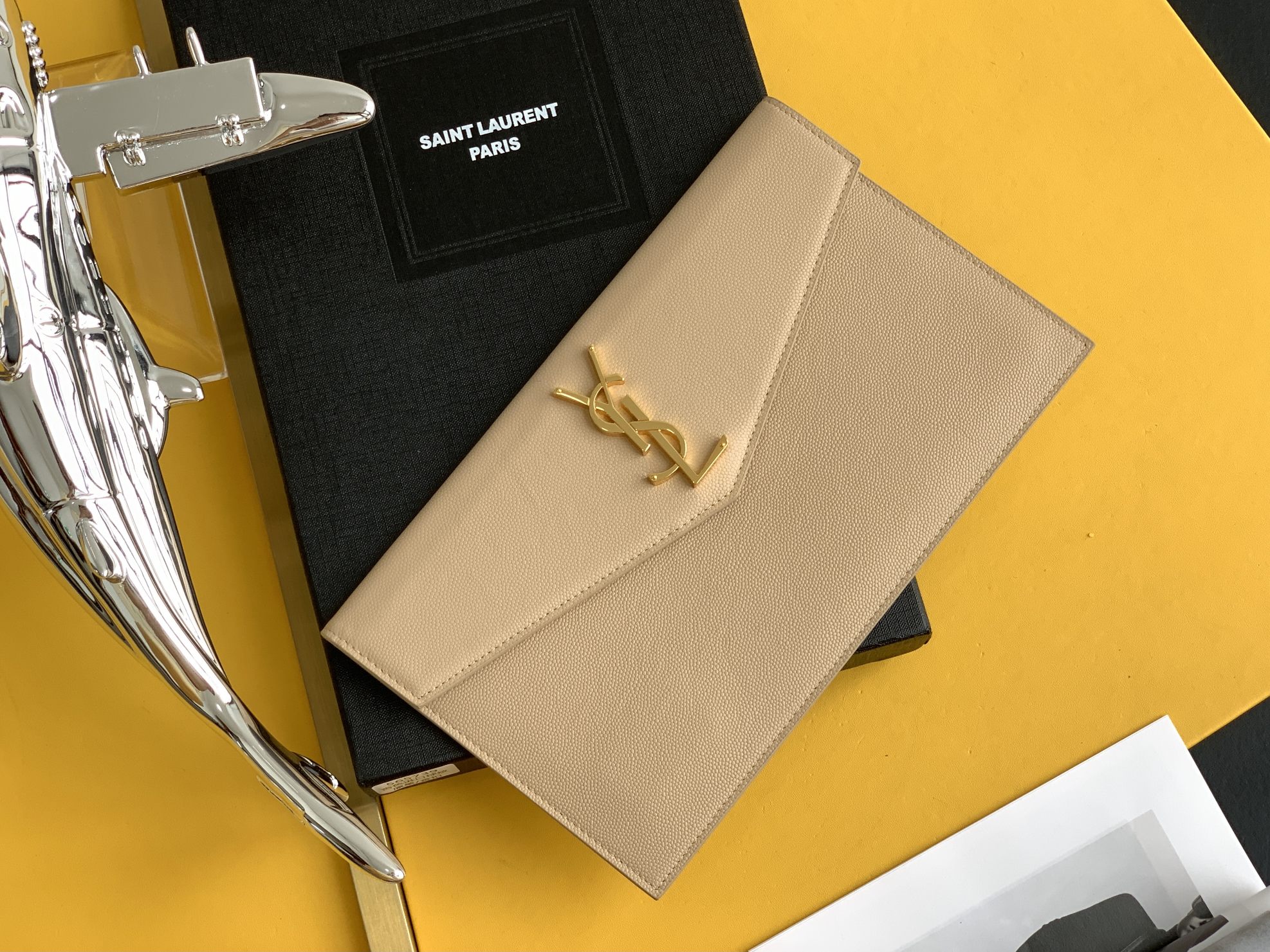 YSL Uptown Clutch Metallic Logo Calfskin