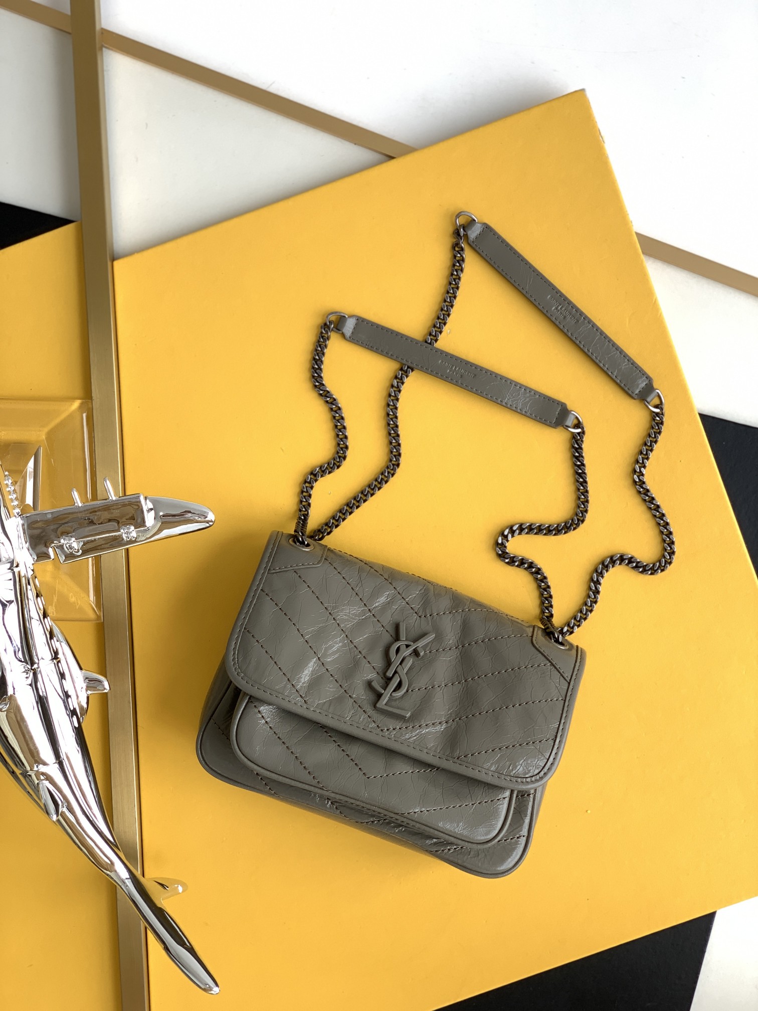 YSL Niki Small Chain Bag Flap Quilted Silver Gray