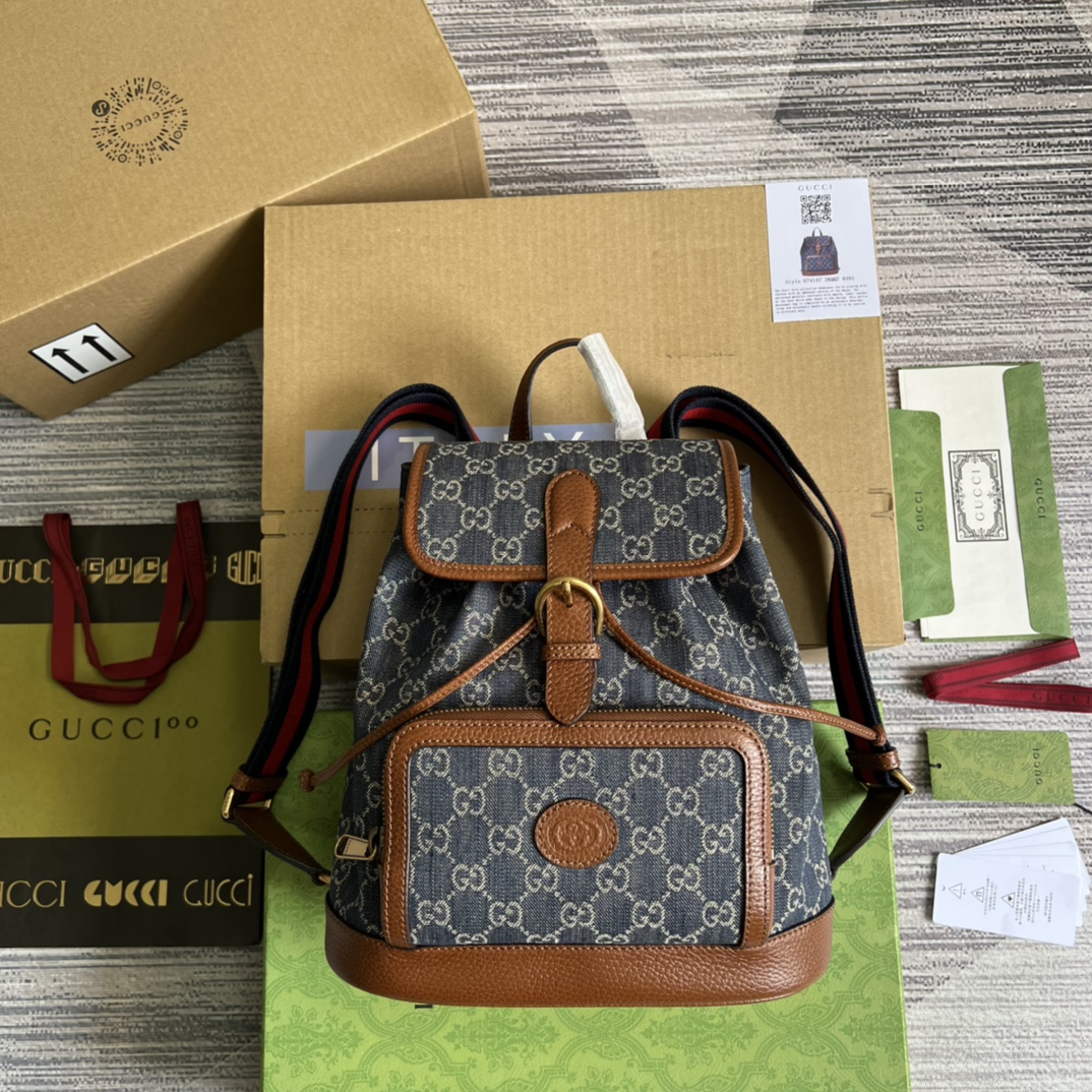 Рюкзак GUCCI GG с жаккардовым денимом и коричневой кожаной окантовкой