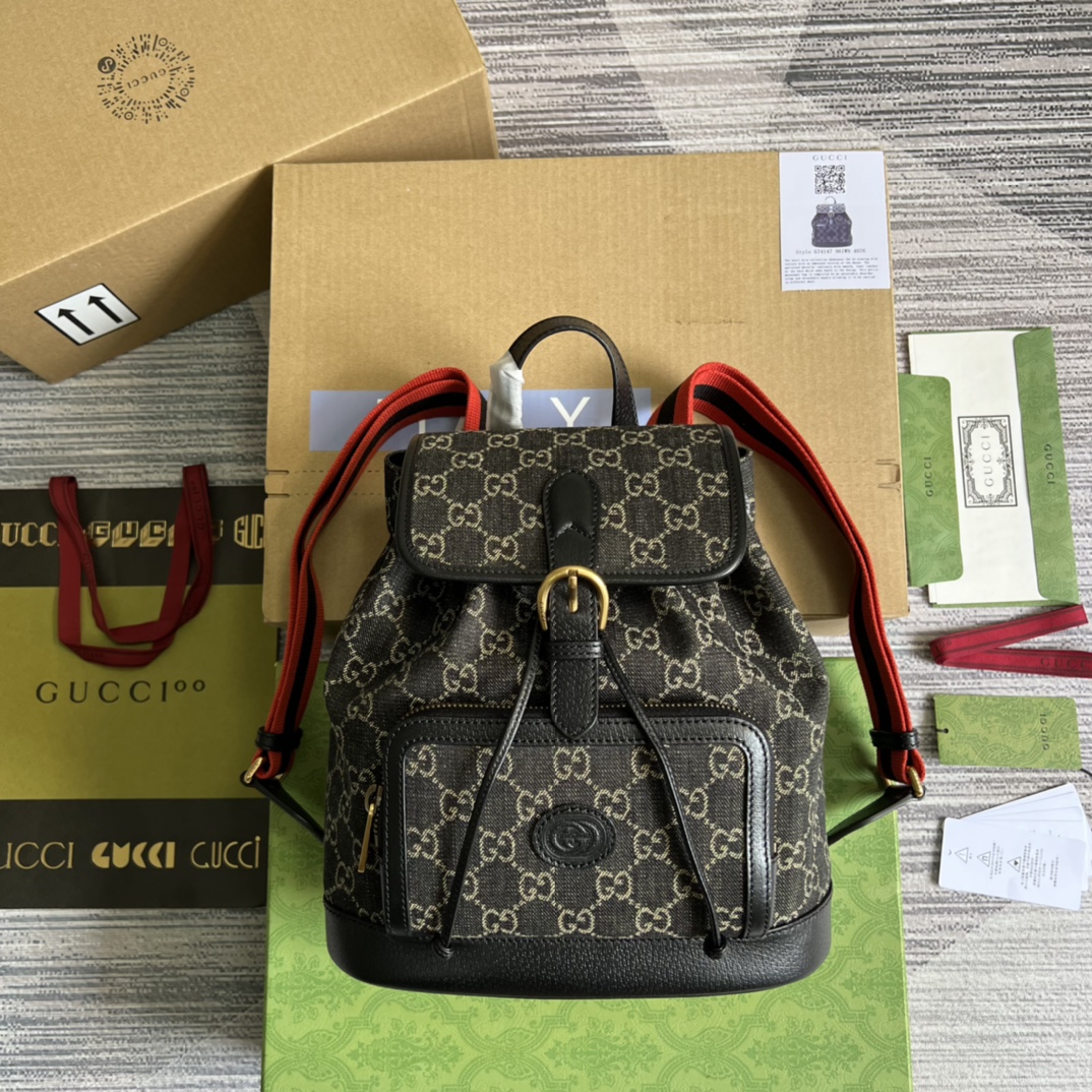 Рюкзак GUCCI GG жаккардовый деним с коричневой кожаной окантовкой
