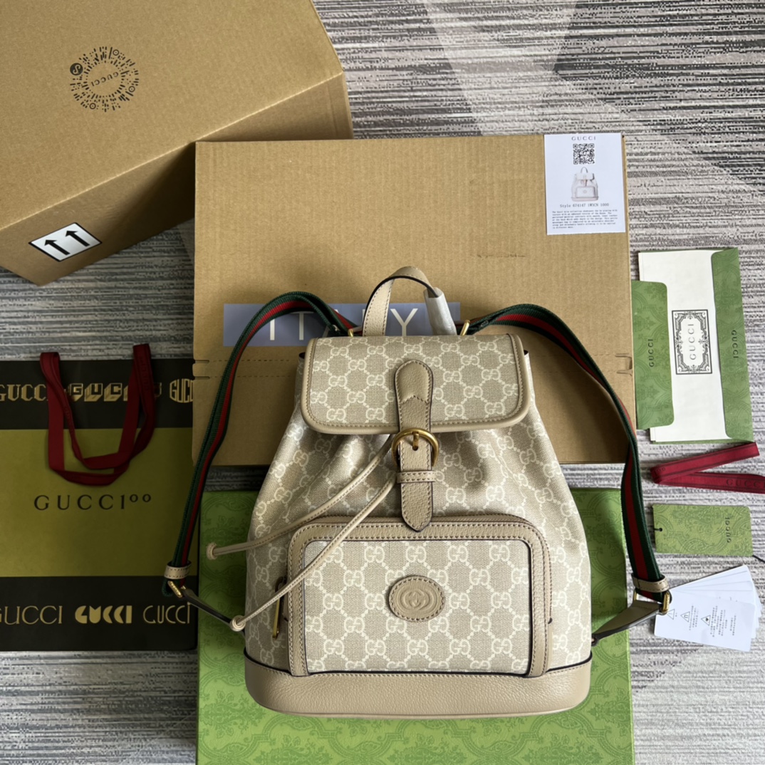 GUCCI GG жаккардовый деним с кожаной окантовкой коричневого цвета рюкзак с кулиской и клапаном