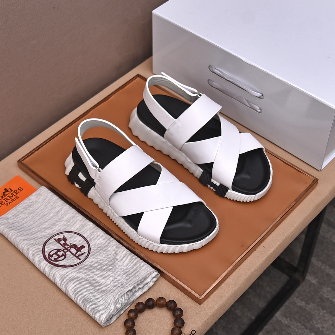 Hermes Shoes Sandals Black White Cowhide Genuine Leather Fashion Casual