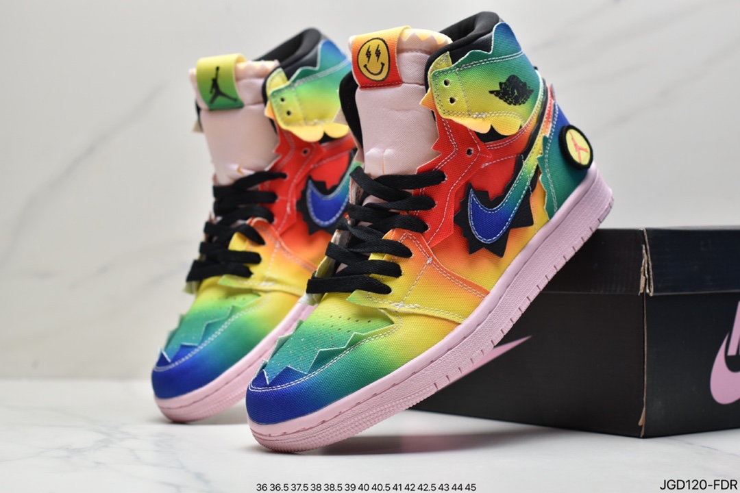 180  AJ1 x JBalvin雷鬼天王联名笑脸彩虹扎染美国雷鬼歌手JBalvin 与拉丁天后 Jennifer Lopez 和 Shakira DC3481