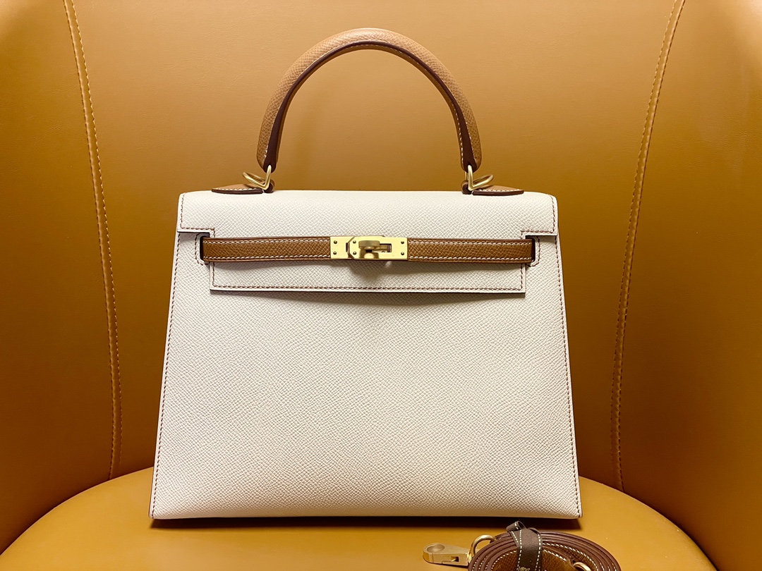 Hermes Kelly Handbags Crossbody & Shoulder Bags Brown Coffee Color Milkshake White Gold Hardware Epsom Frosted