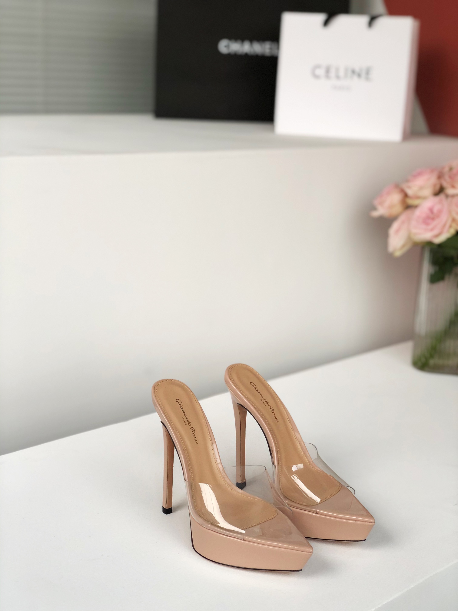 Gianvito Rossi Eiko Stiletto low-heel mules sandals goatskin + mesh + Czech stones 10.5cm/8cm