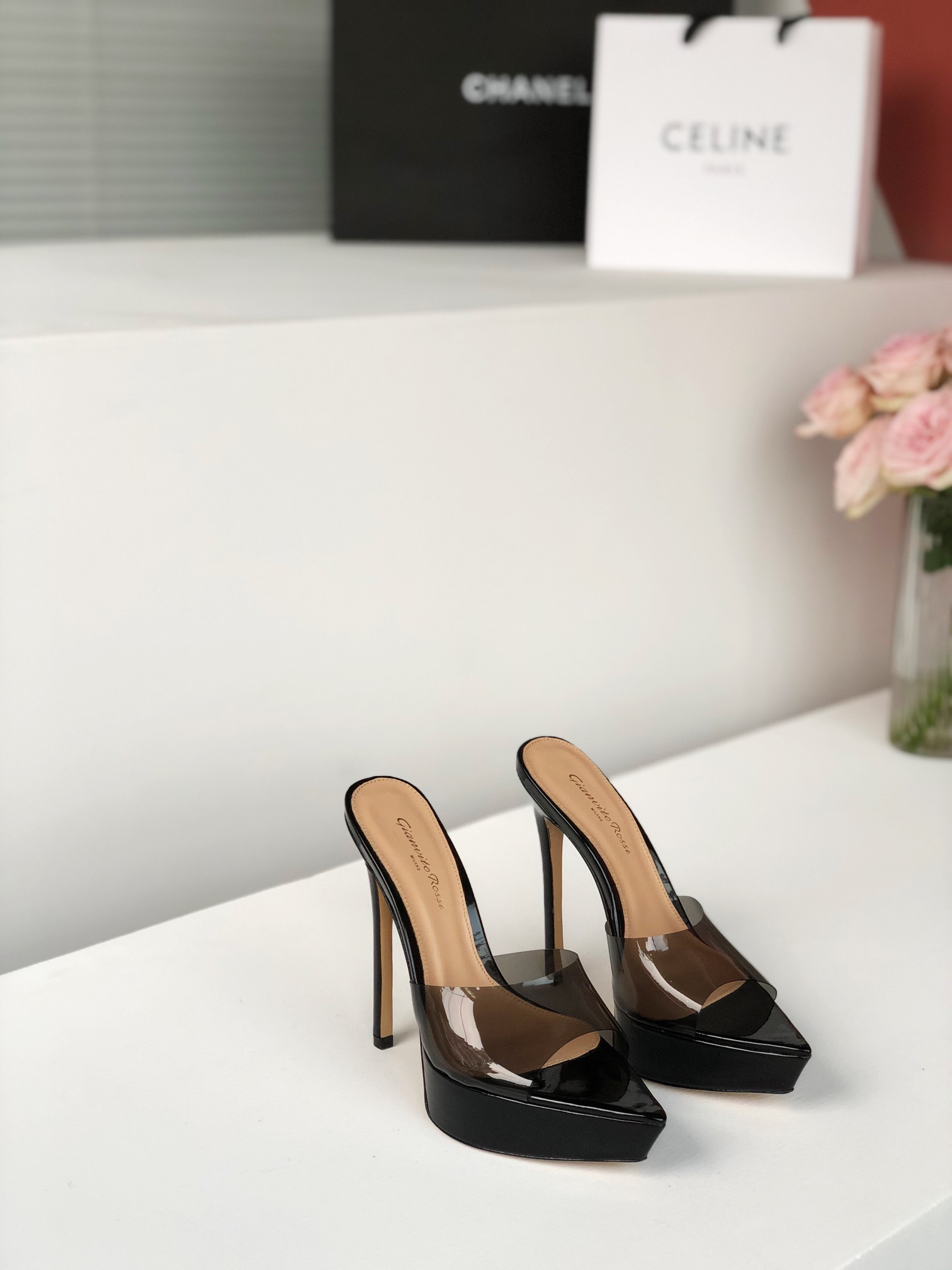 Gianvito Rossi Eiko Stiletto Kitten Heel Mules Sandals Suede + Mesh + Czech Stones 10.5cm/8cm