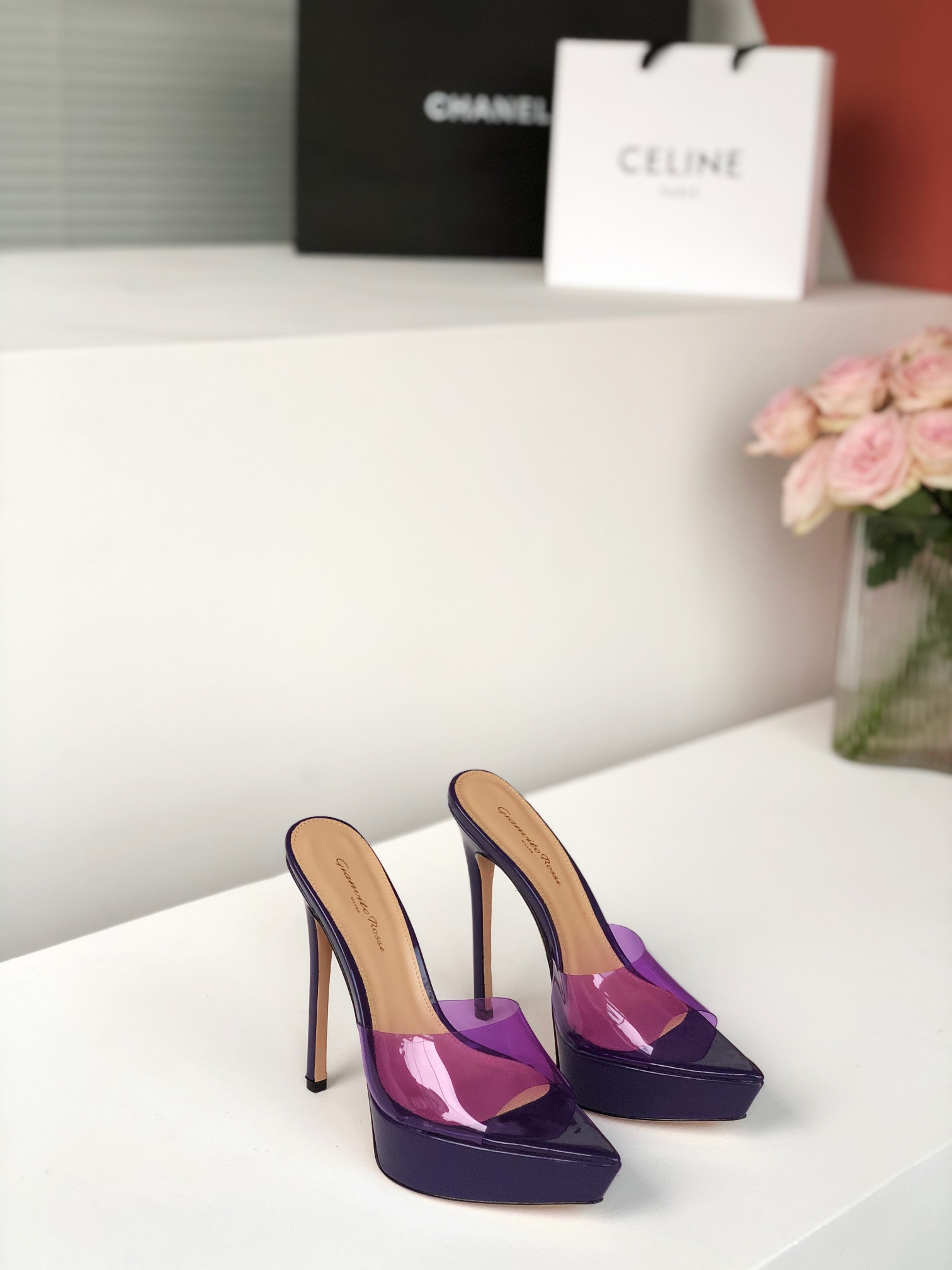 Gianvito Rossi Eiko Stiletto Low Heel Mules Sandals Suede + Mesh + Czech Stones 10.5cm/8cm