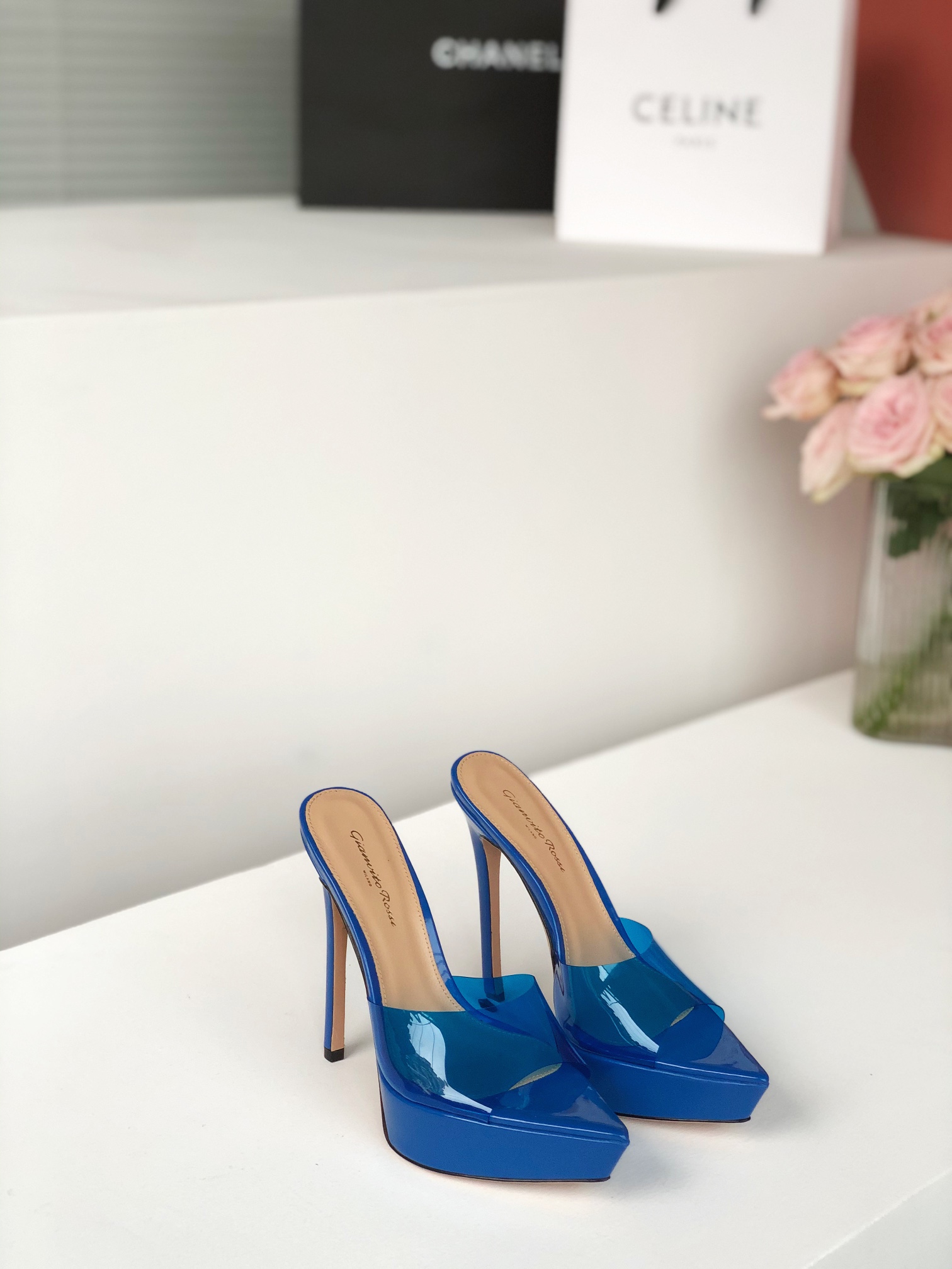 Gianvito Rossi Eiko Stiletto Low Heel Mules Sandals Suede + Mesh + Czech Diamonds 10.5cm/8cm