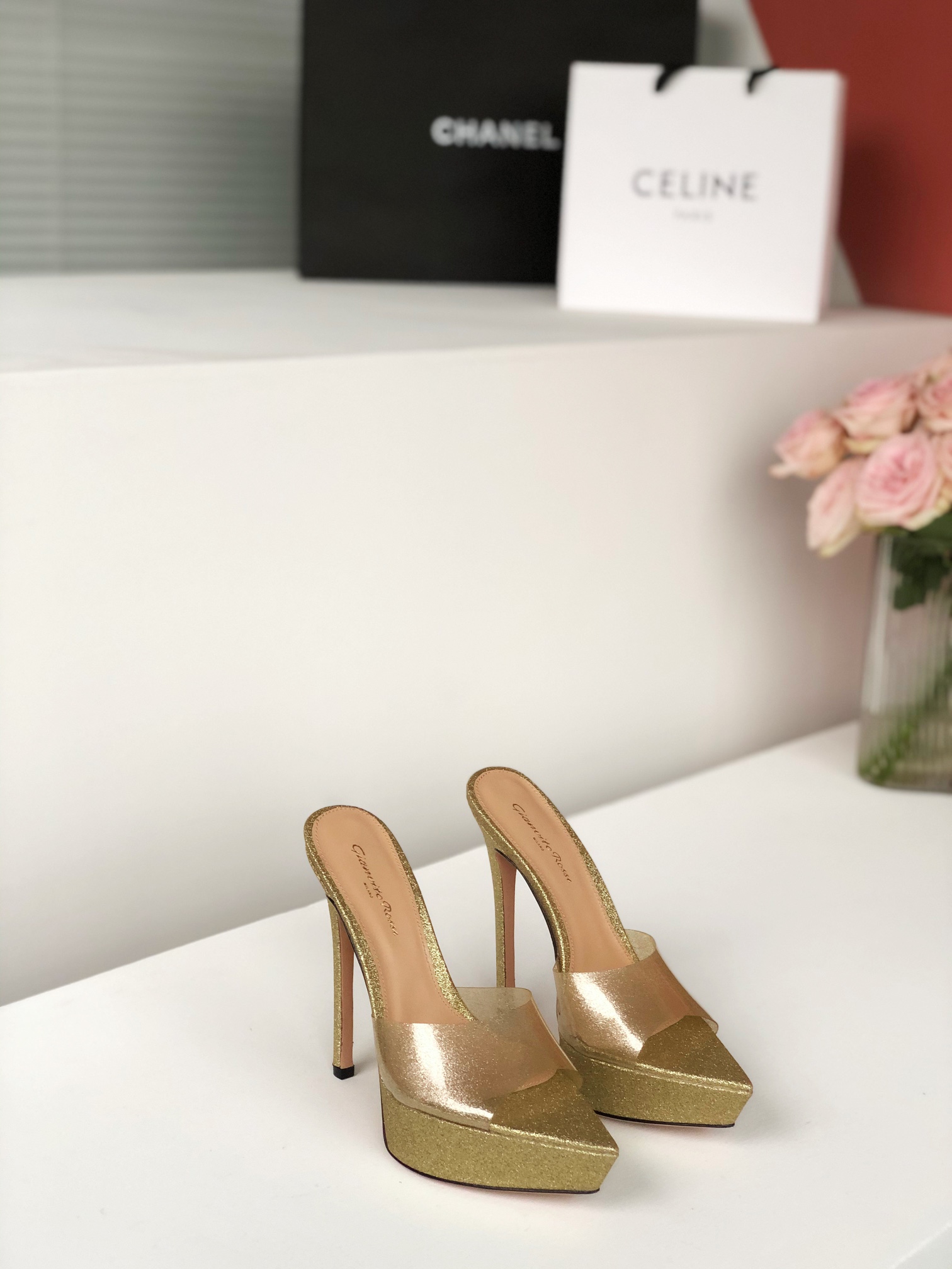 Gianvito Rossi Eiko Stiletto Low Heel Mules Sandals Suede + Mesh + Czech Stones 10.5cm/8cm
