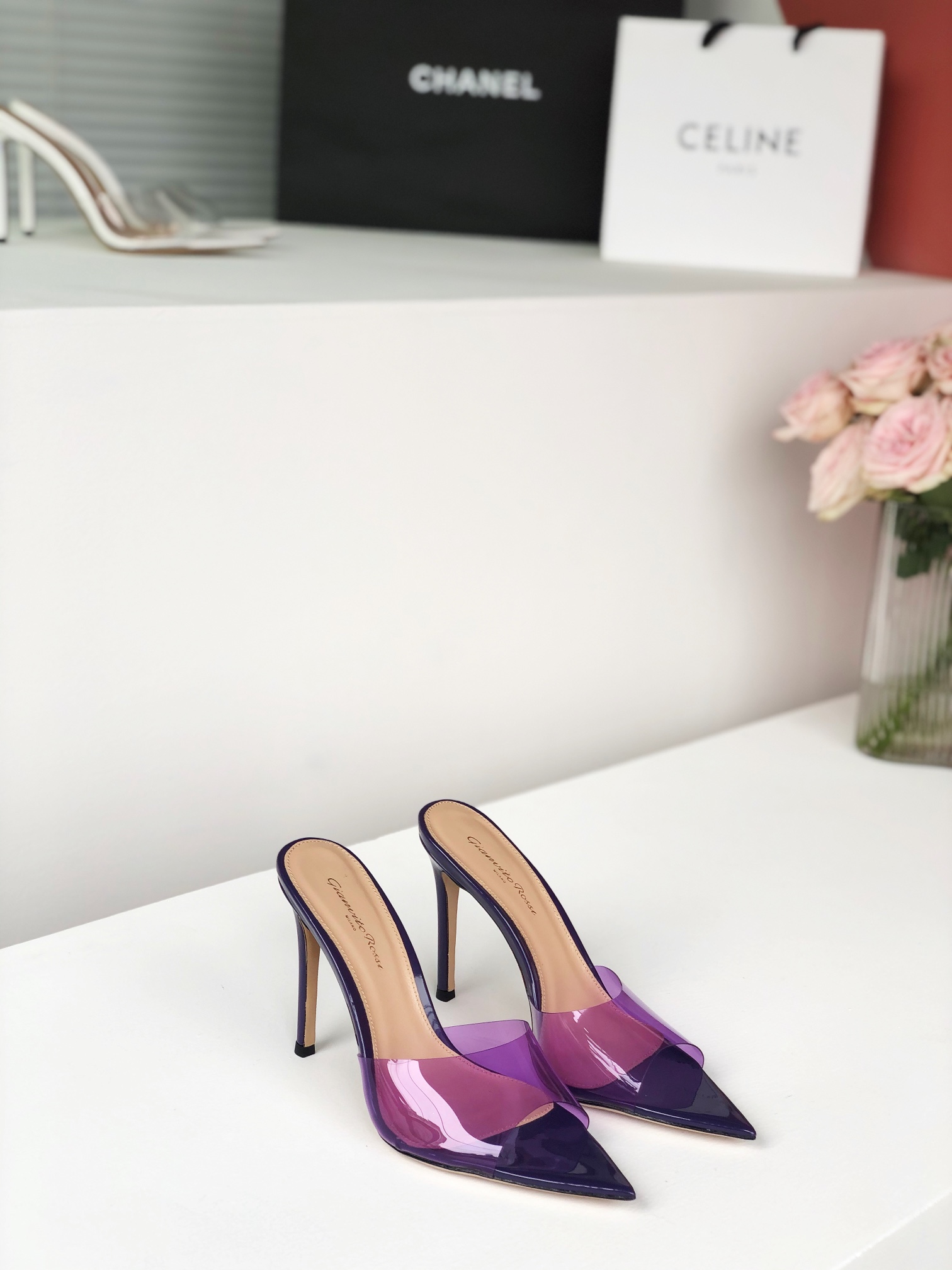 Gianvito Rossi Eiko Stiletto low-heel mules sandals suede + mesh + Czech stones 10.5cm/8cm