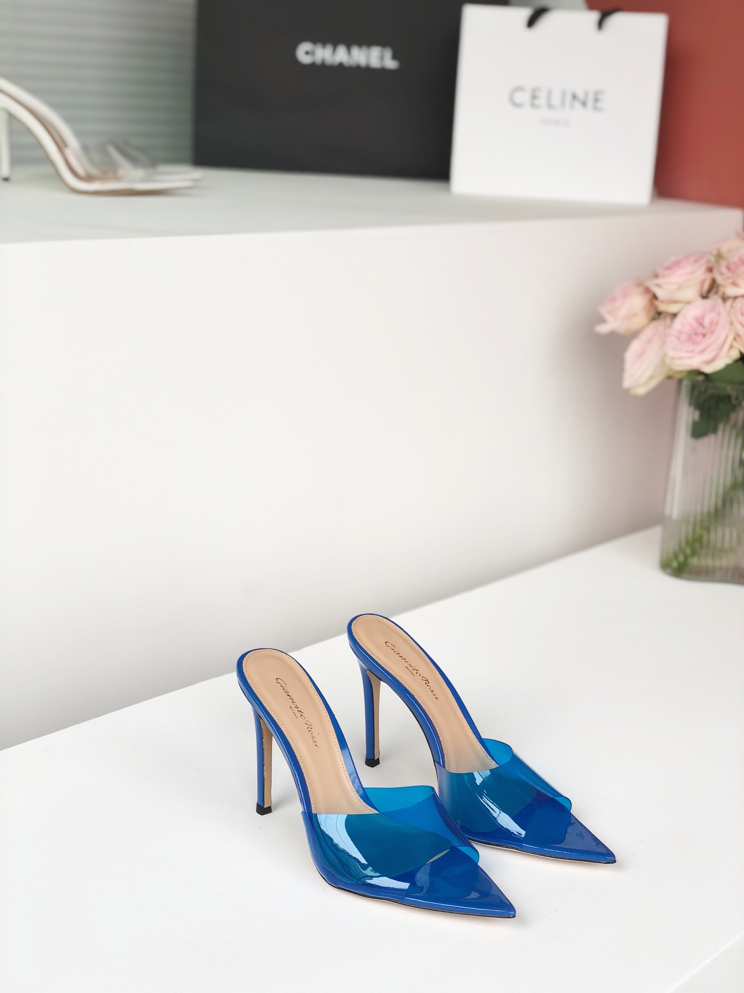 Gianvito Rossi Eiko Stiletto High Heel Mules Sandals Suede + Mesh + Czech Stones 10.5cm/8cm