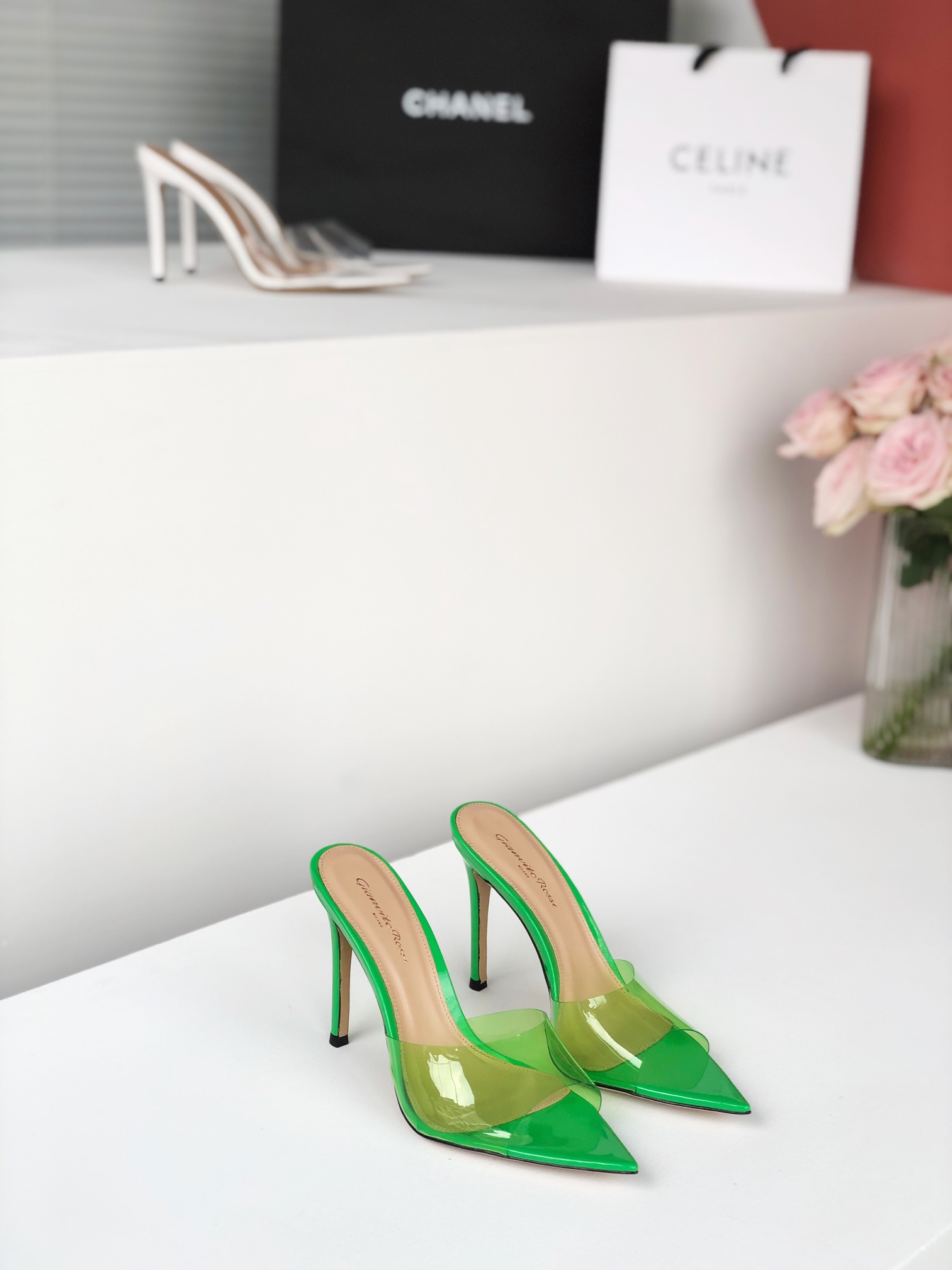 Gianvito Rossi Eiko Stiletto Low Heel Mules Sandals Suede + Mesh + Czech Diamonds 10.5cm/8cm