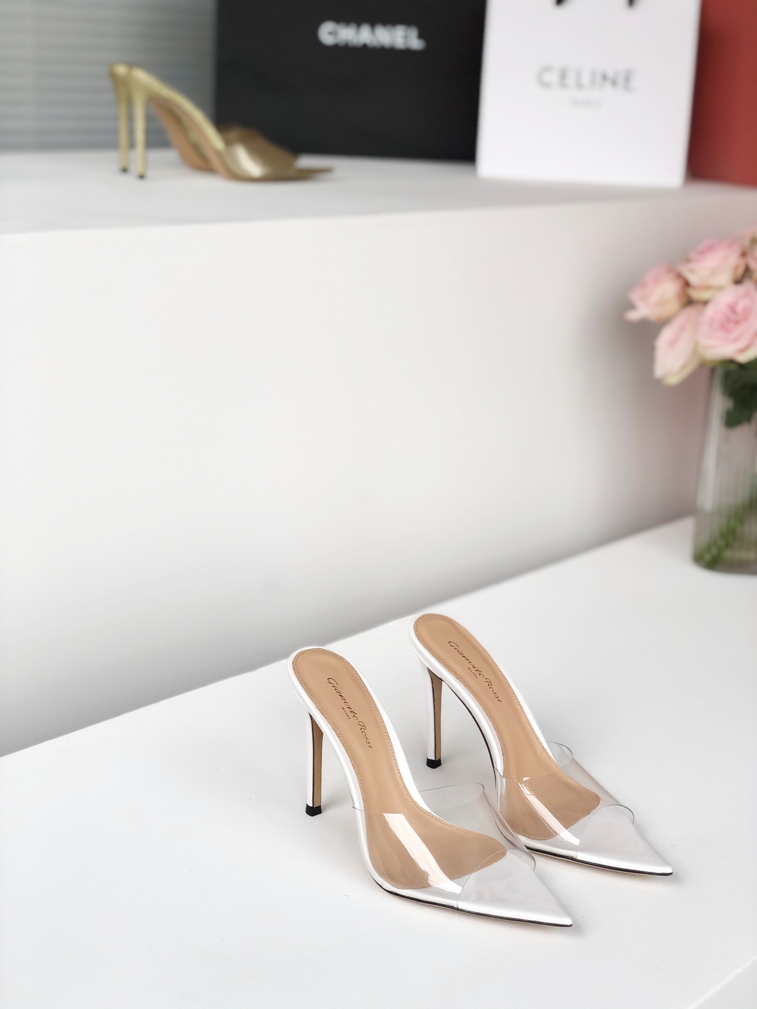 Gianvito Rossi Eiko Stiletto kitten heel mules sandals suede + mesh + Czech crystals 10.5cm/8cm