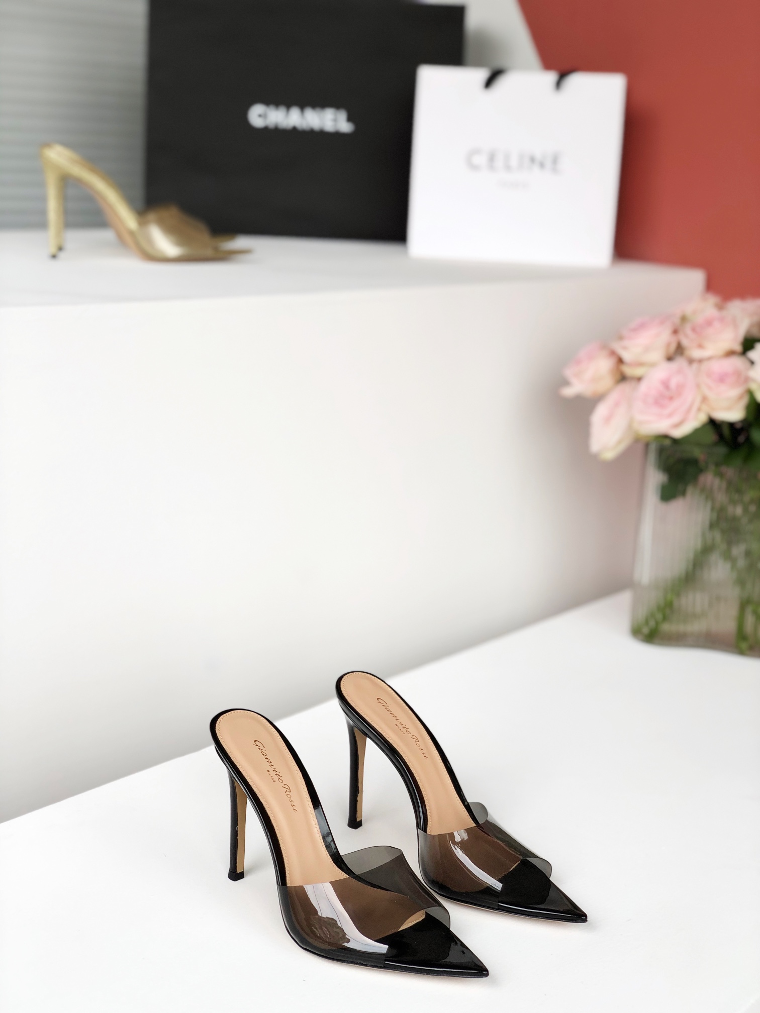 Gianvito Rossi Eiko Stiletto low-heel mules sandals suede + mesh + Czech crystals 10.5cm/8cm