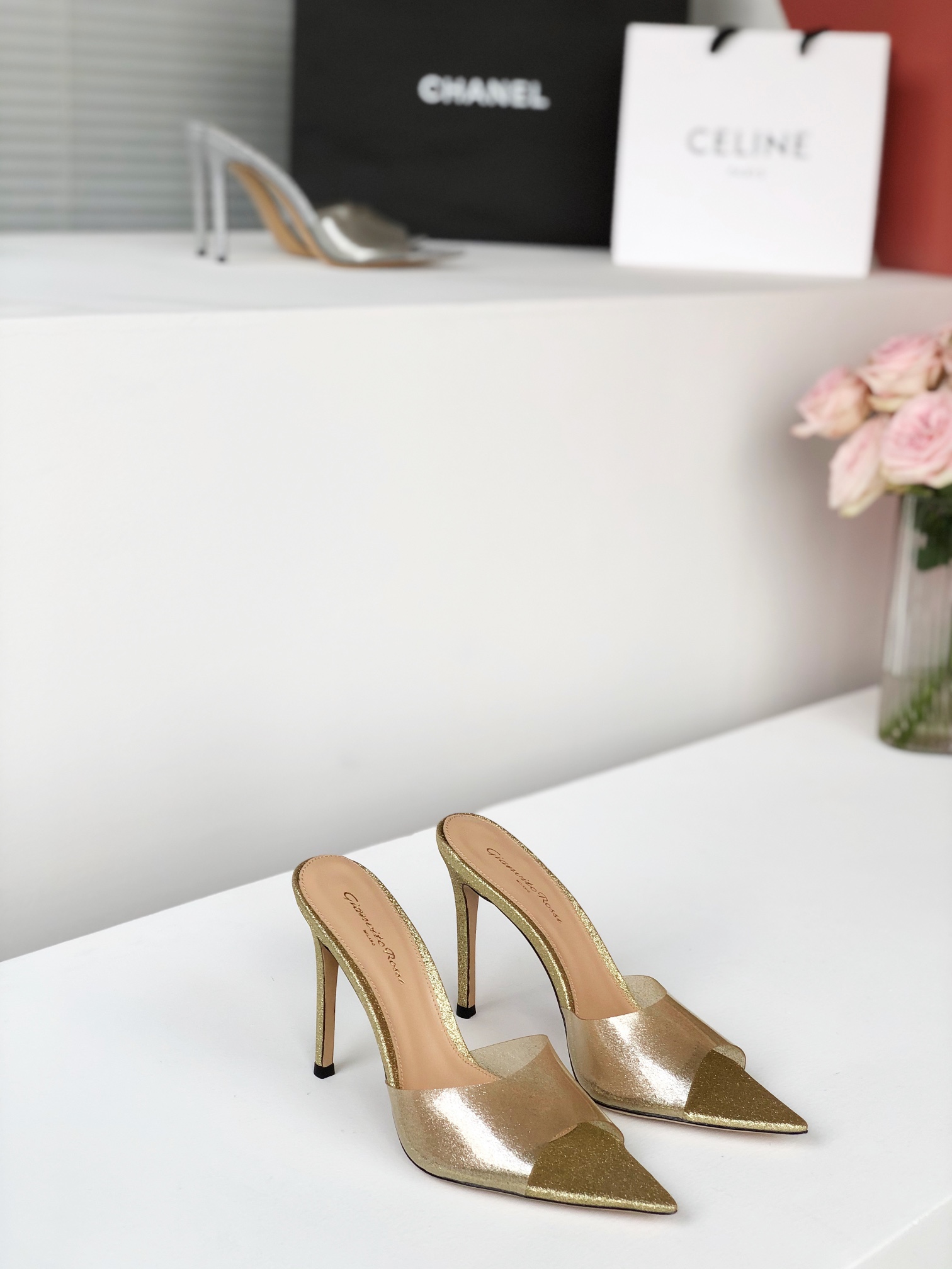 Gianvito Rossi Eiko Stiletto kitten heel mules sandals suede + mesh + Czech crystals 10.5cm/8cm
