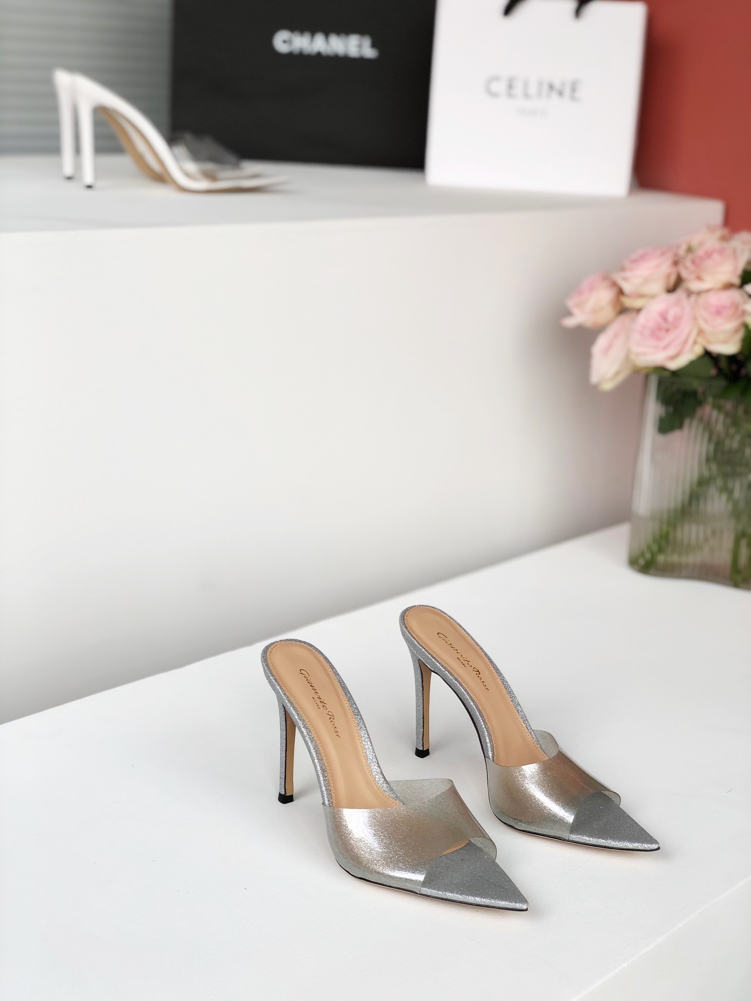 Gianvito Rossi Eiko Stiletto kitten heel mules sandals suede + mesh + Czech crystals 10.5cm/8cm