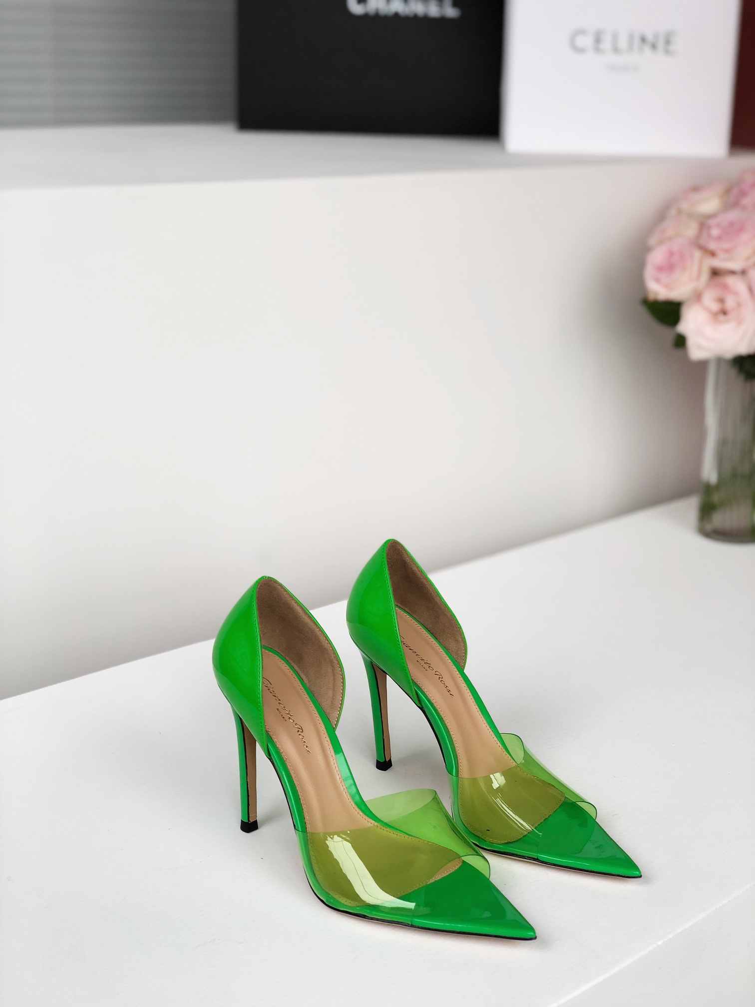 Gianvito Rossi 2022SS Transparent Open-Toe Pointed High Heels Upgraded Version + PVC Eco-Friendly Material 10.5cm Sheepskin Lining