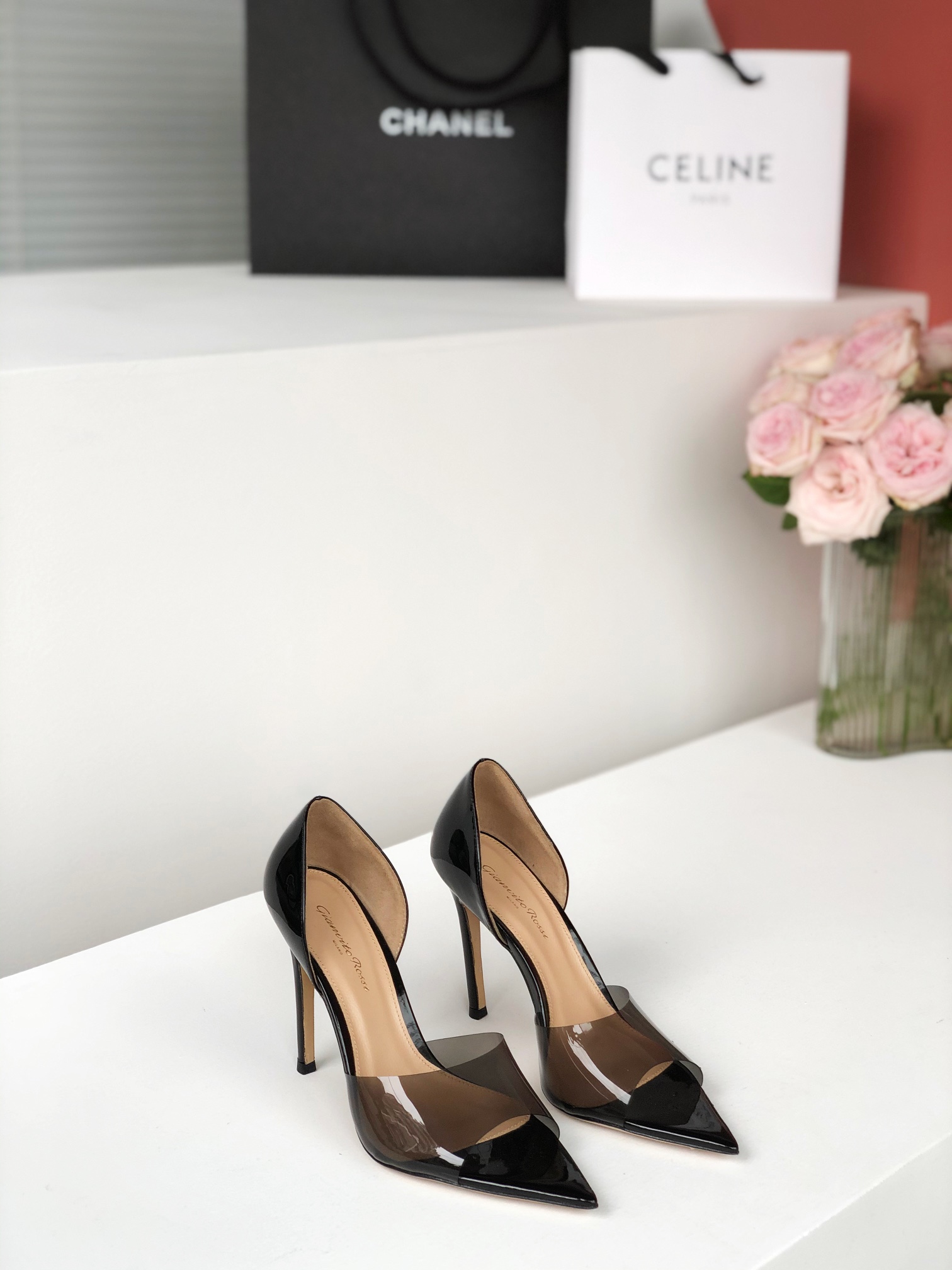 Gianvito Rossi 2022SS Transparent Open-Toe Pointed High Heels Upgraded Version + PVC Eco-Friendly Material 10.5cm Sheepskin Lining