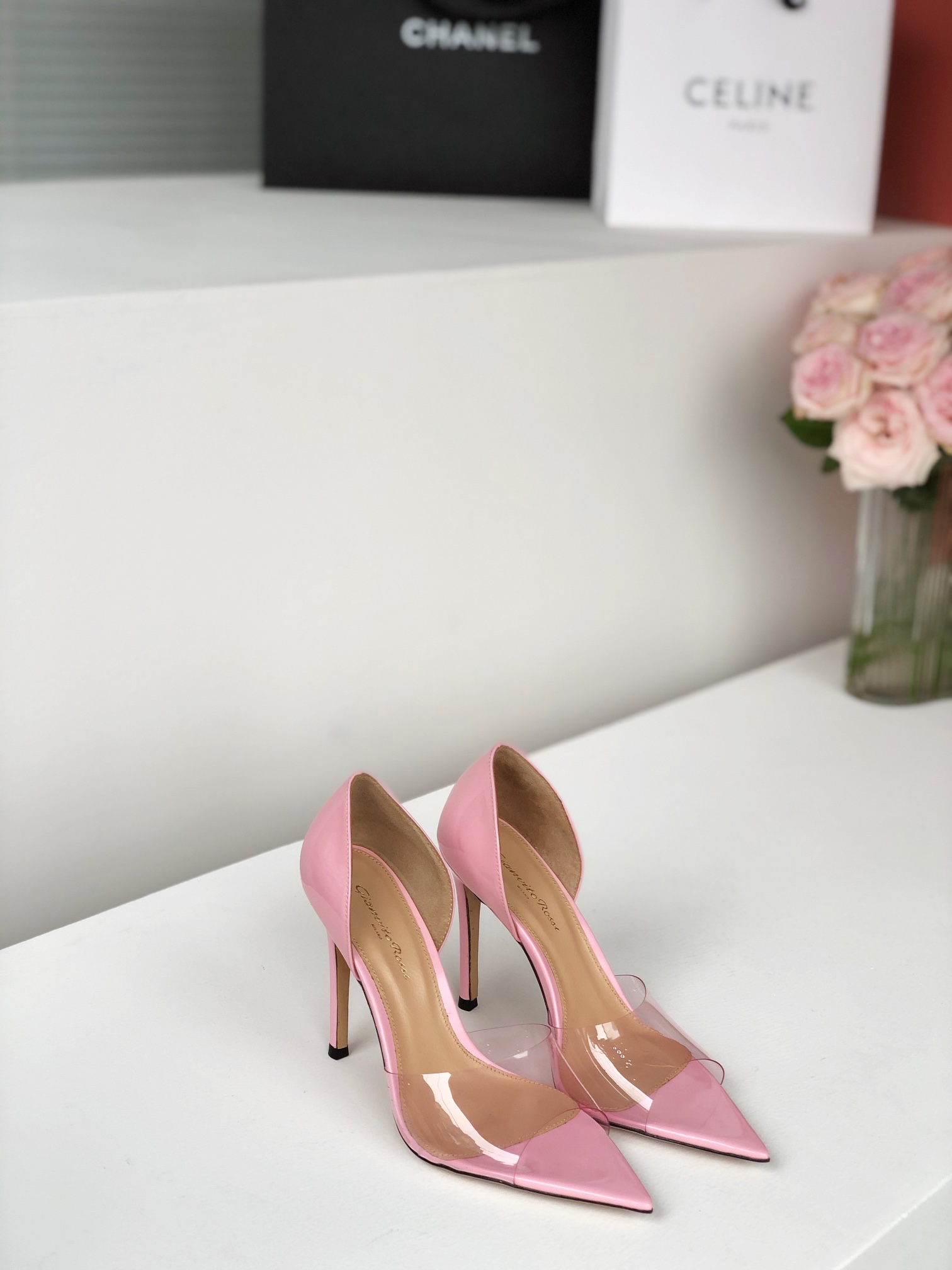 Gianvito Rossi 2022SS Transparent Open-Toe Pointed High Heels Upgraded Version + PVC Eco-Friendly Material 10.5cm Sheepskin Lining