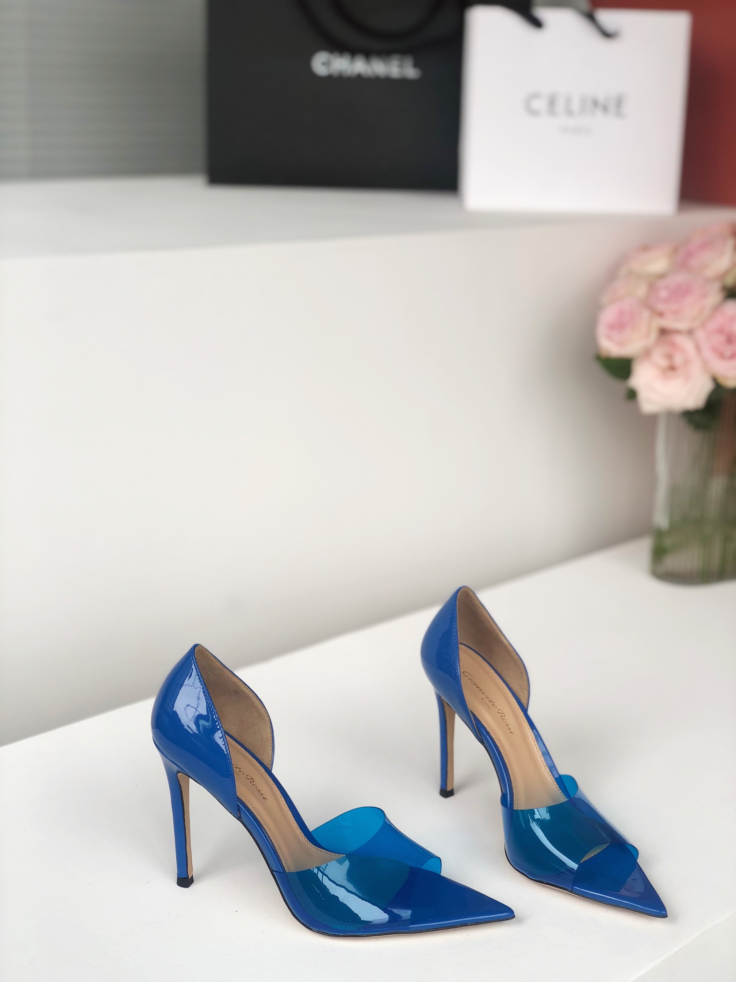 Gianvito Rossi 2022SS Transparent Open-Toe Pointed High Heels Upgraded Version + PVC Eco-Friendly Material 10.5cm Sheepskin Lining