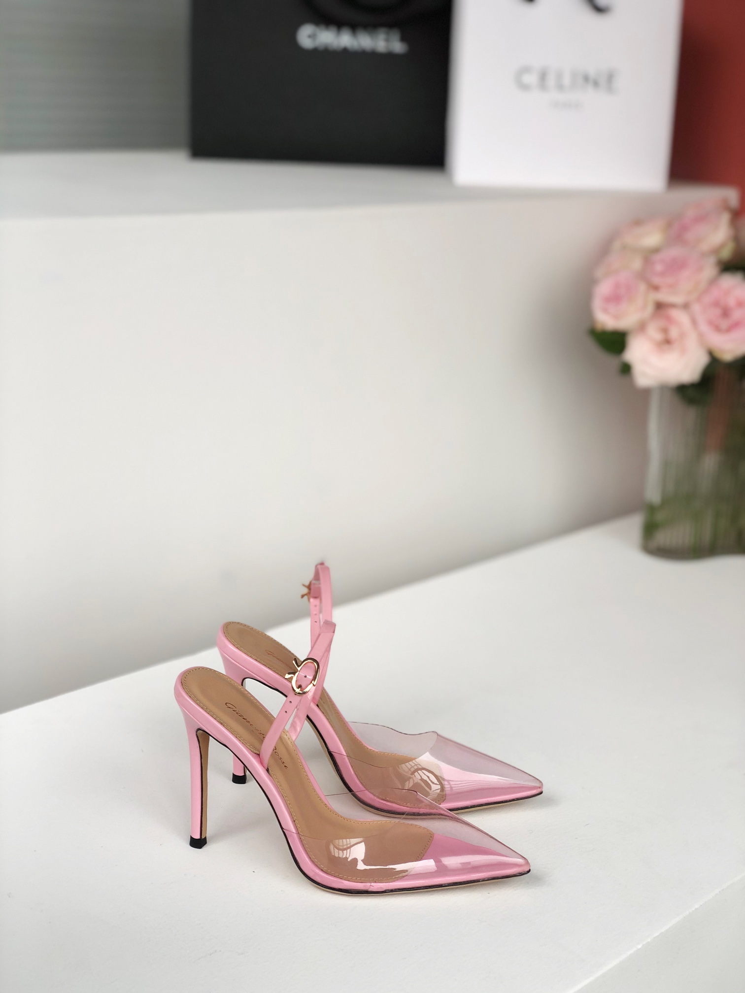 Gianvito Rossi 2022SS Transparent Open-Toe Pointed High Heels Upgraded Version + PVC Eco-Friendly Material 10.5cm Sheepskin Lining