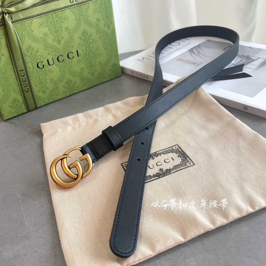 Gucci 专柜新版横标 编码·APOOT 双面进口原厂牛皮材质 宽度2.0cm 经典古铜双G扣