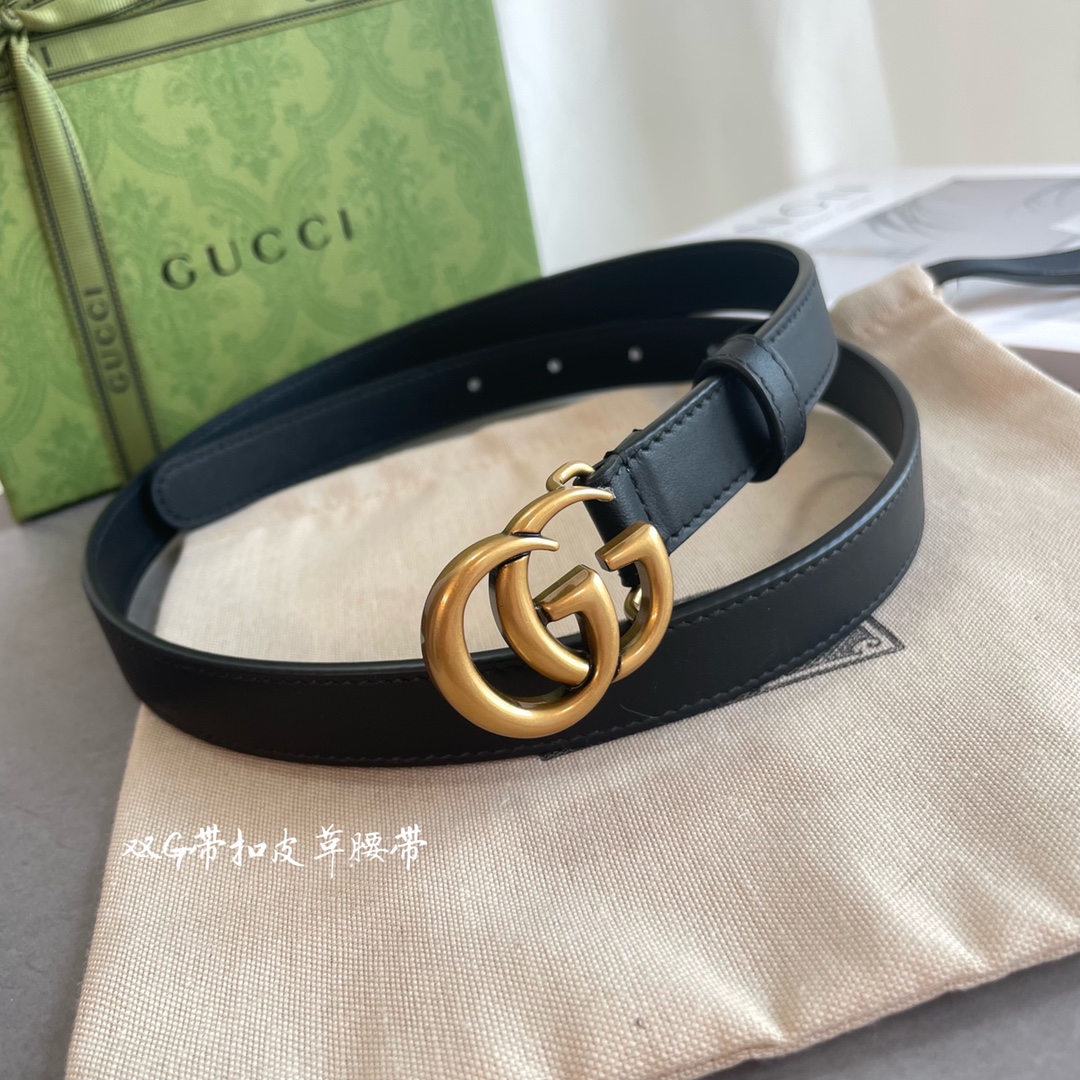 Gucci 专柜新版横标 编码·APOOT 双面进口原厂牛皮材质 宽度2.0cm 经典古铜双G扣