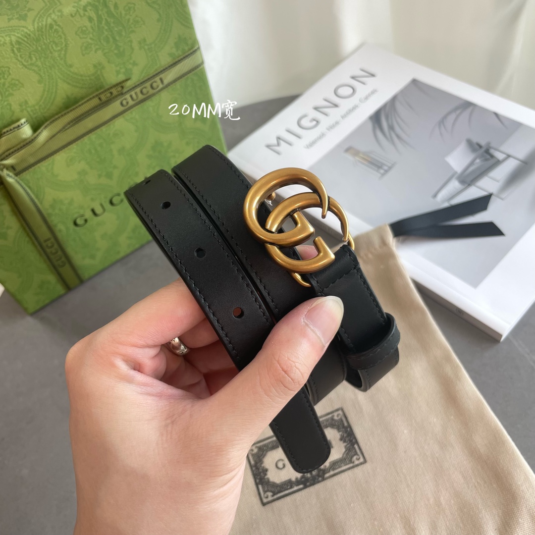Gucci 专柜新版横标 编码·APOOT 双面进口原厂牛皮材质 宽度2.0cm 经典古铜双G扣