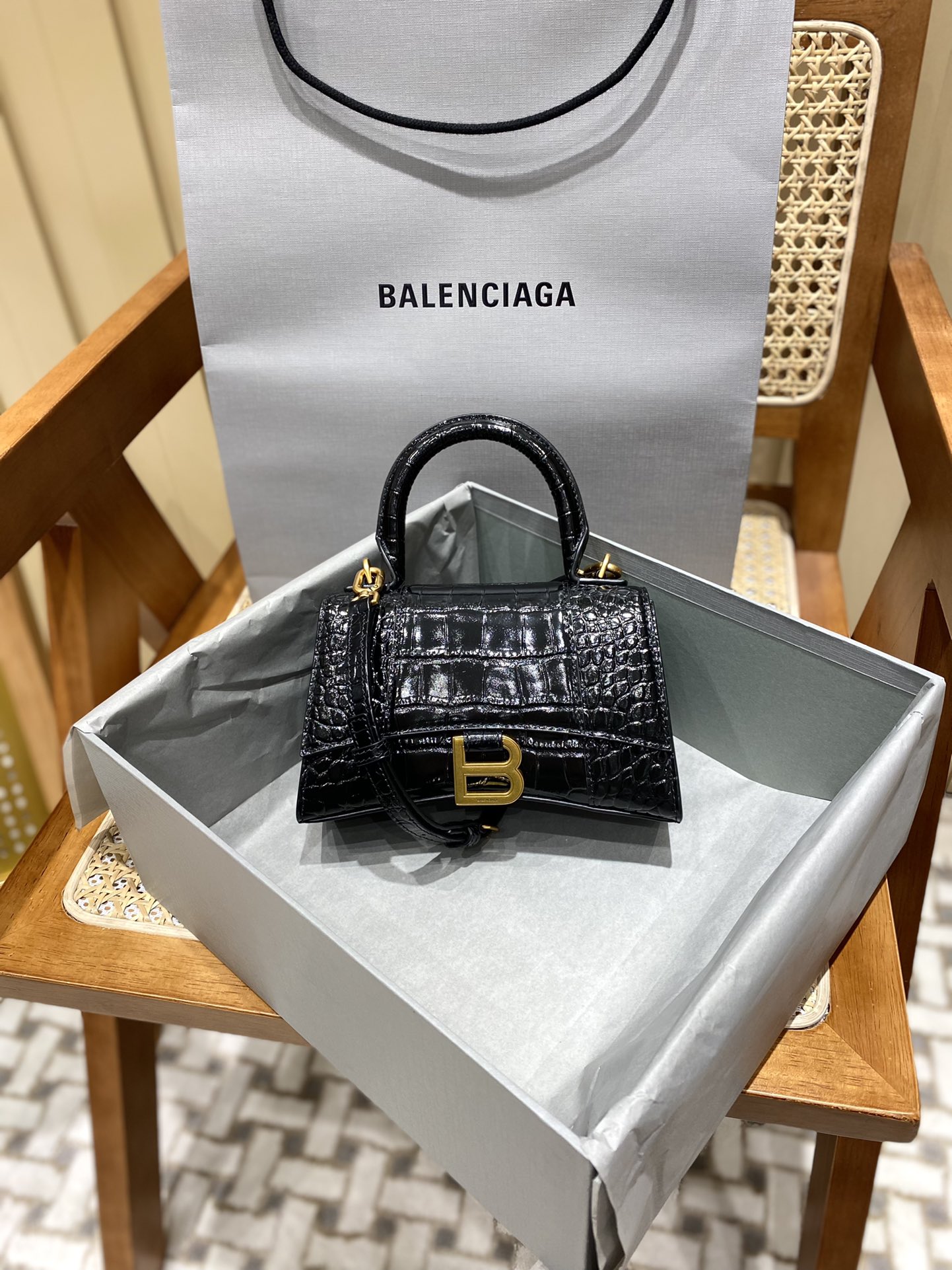 Balenciaga Hourglass XS 19CM BAG 鳄鱼纹沙漏包 592833黑色/金扣