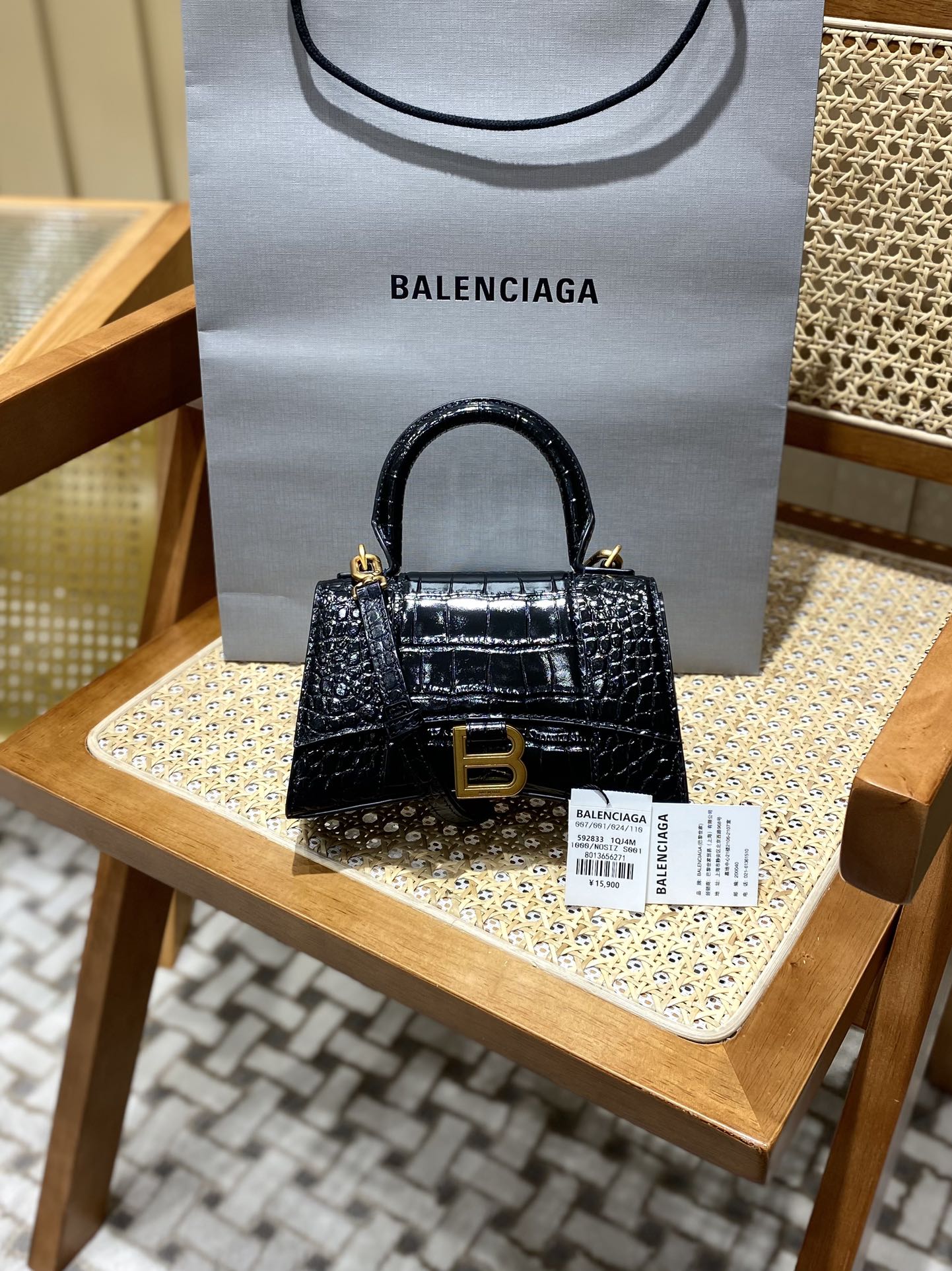 Balenciaga Hourglass XS 19CM BAG 鳄鱼纹沙漏包 592833黑色/金扣