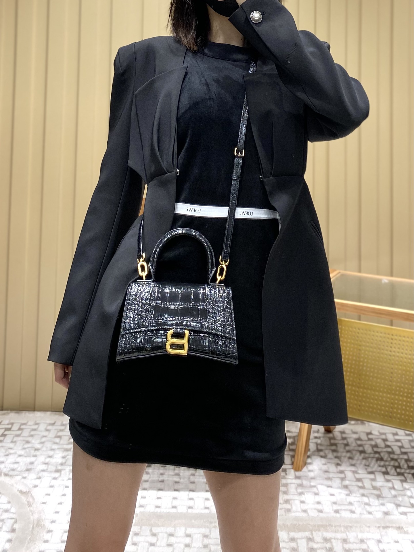 Balenciaga Hourglass XS 19CM BAG 鳄鱼纹沙漏包 592833黑色/金扣