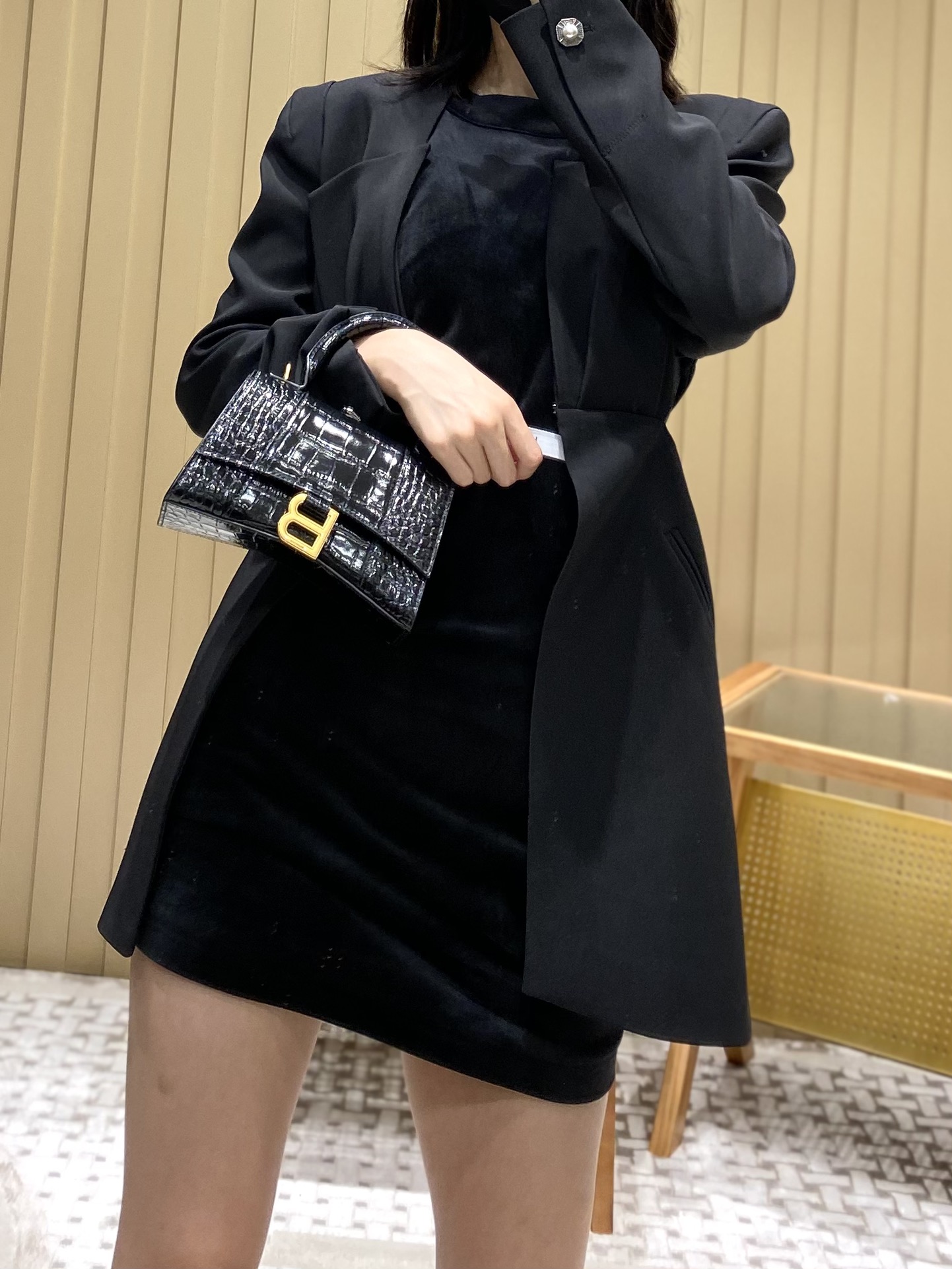 Balenciaga Hourglass XS 19CM BAG 鳄鱼纹沙漏包 592833黑色/金扣