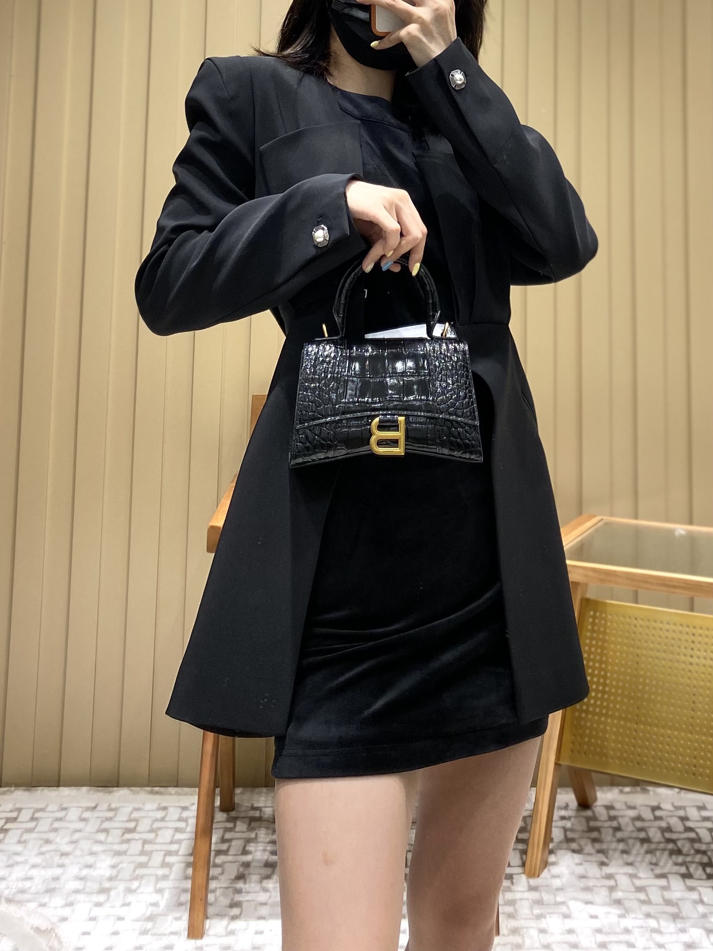 Balenciaga Hourglass XS 19CM BAG 鳄鱼纹沙漏包 592833黑色/金扣